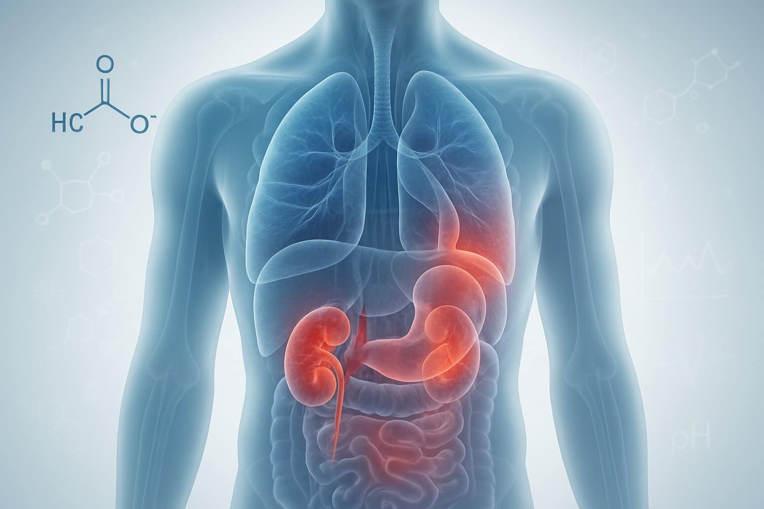 A semi-transparent human torso showing internal organs with highlighted areas indicating effects of low bicarbonate in the body, surrounded by molecular structures and medical symbols.