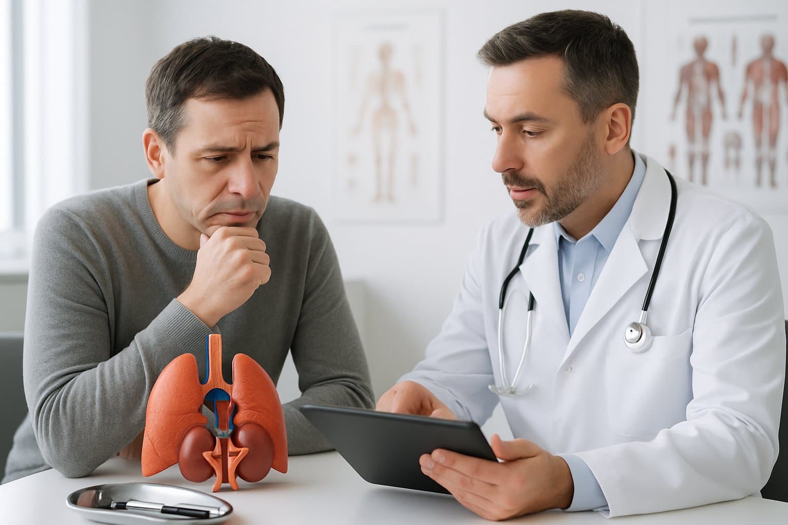 A patient consulting with a doctor in a medical office, with anatomical models and charts visible in the background.