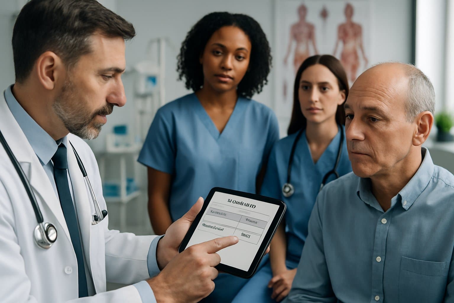 Healthcare professionals reviewing lab results and discussing diagnosis with a patient in a clinical setting.