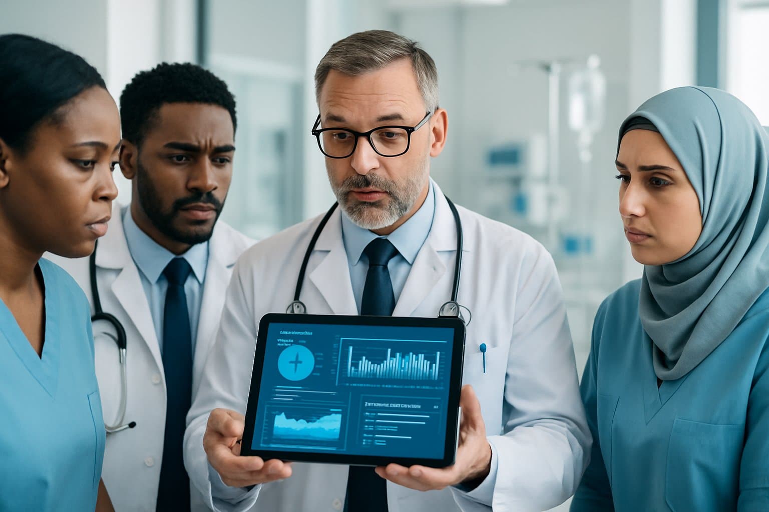 Healthcare professionals discussing medical data in a hospital setting with a digital tablet showing blood chemistry charts.