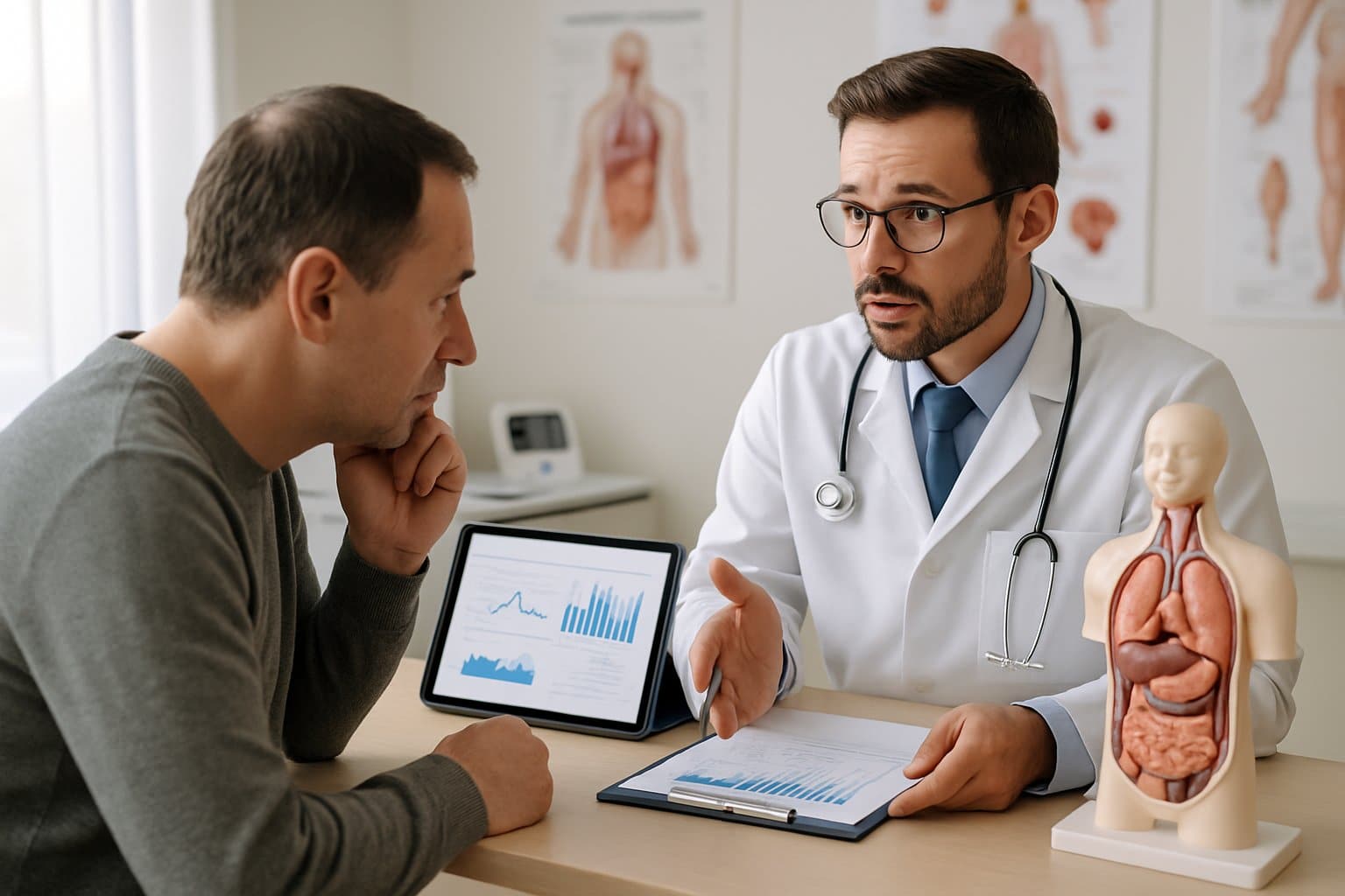 Doctor consulting with a patient in a medical office, discussing health information with medical charts and equipment visible.