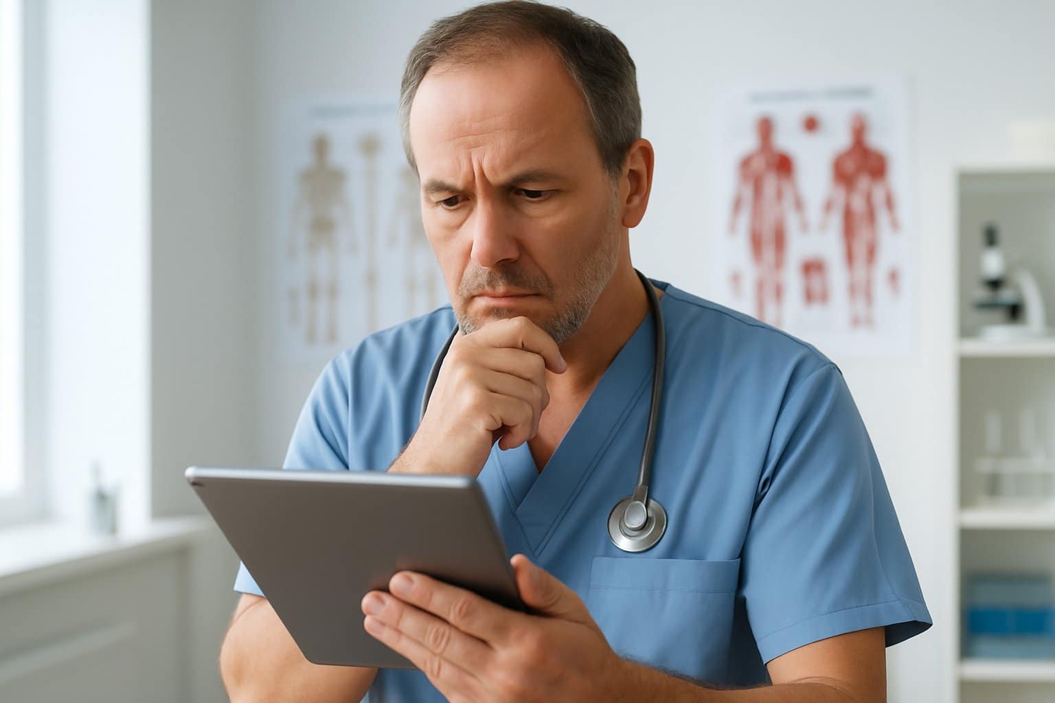 A healthcare professional reviewing medical data on a tablet in a clinical setting.