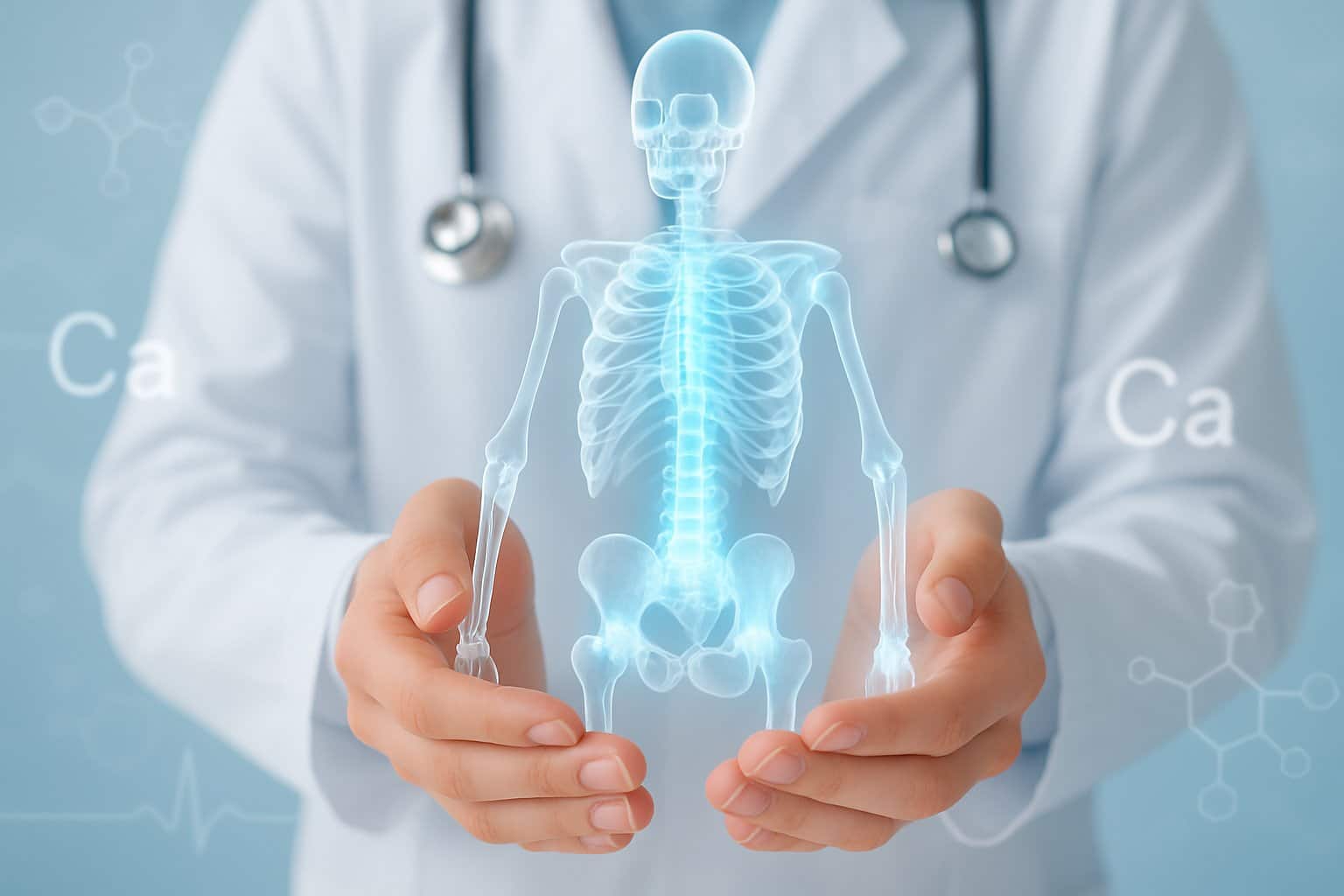 Close-up of hands holding a transparent human skeleton model with highlighted bones and scientific symbols in the background representing calcium's role in the body.