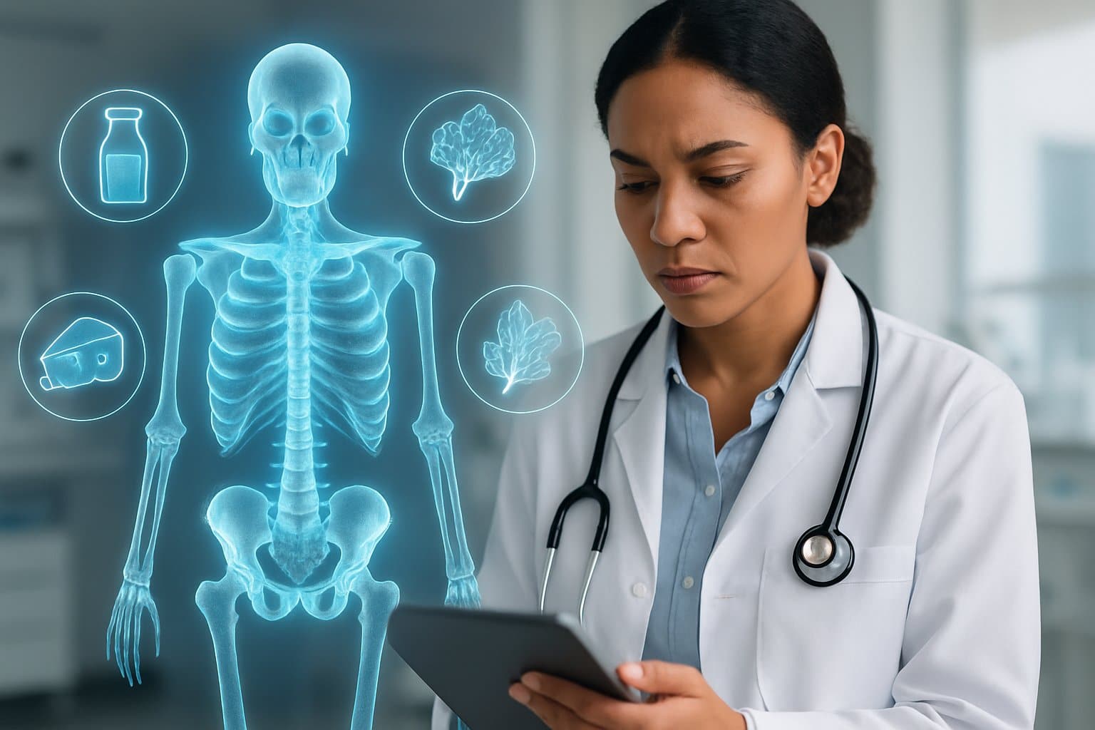 A healthcare professional reviewing medical information next to a glowing 3D skeleton highlighting bones, with icons of calcium-rich foods floating nearby in a clinical setting.