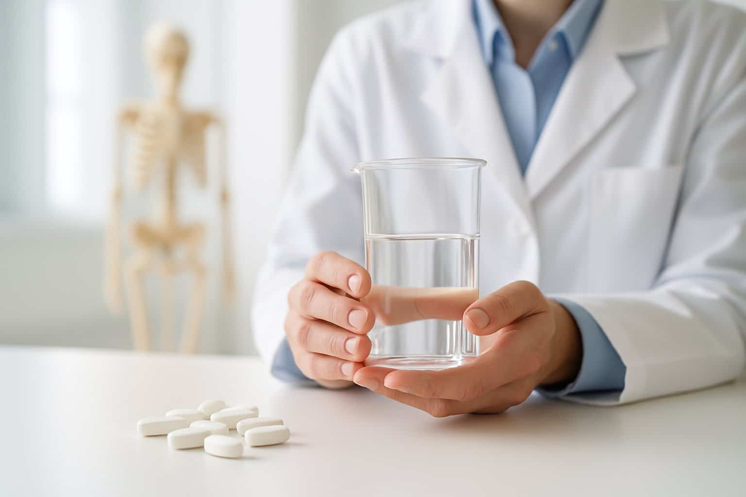 Close-up of a medical professional holding a glass beaker with calcium tablets on a white surface and a blurred human skeleton model in the background.