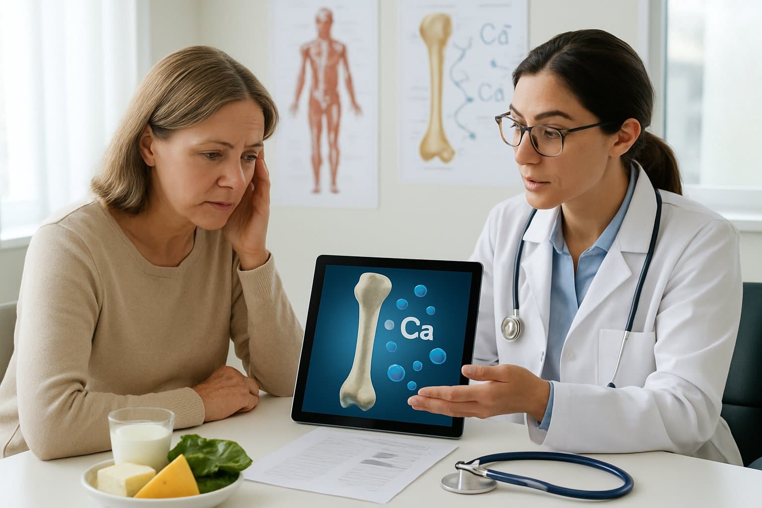 A woman consulting with a doctor in a medical office, discussing bone health with a tablet showing a 3D bone model and calcium molecules.