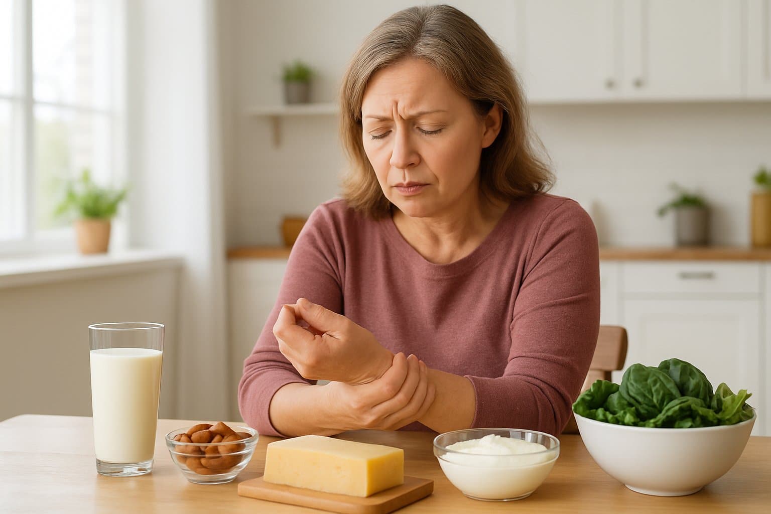 A middle-aged woman sitting at a kitchen table, holding her wrist with a concerned expression, with calcium-rich foods on the table.
