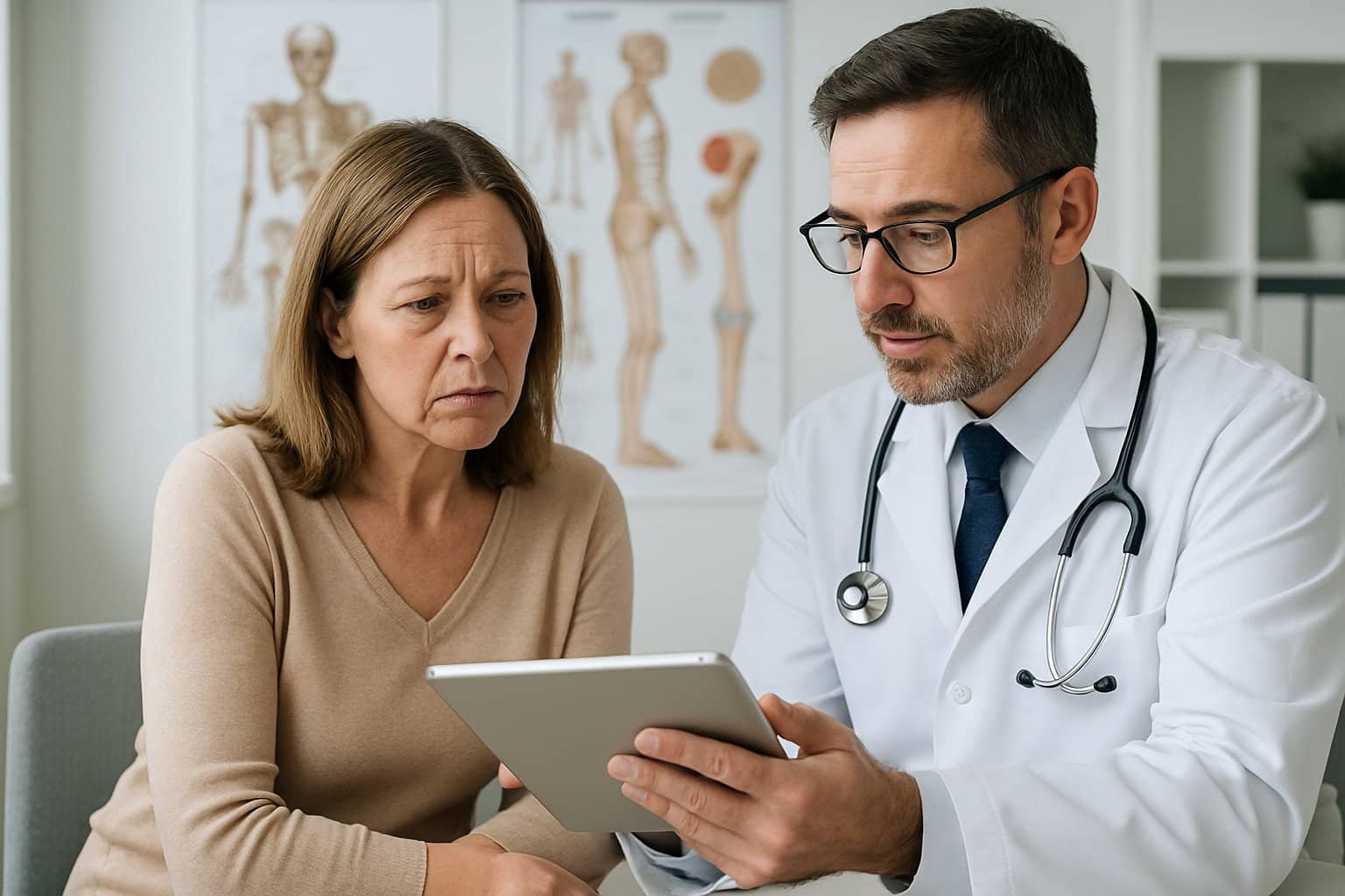 A middle-aged woman listens attentively to a doctor in a medical office with anatomical charts in the background.