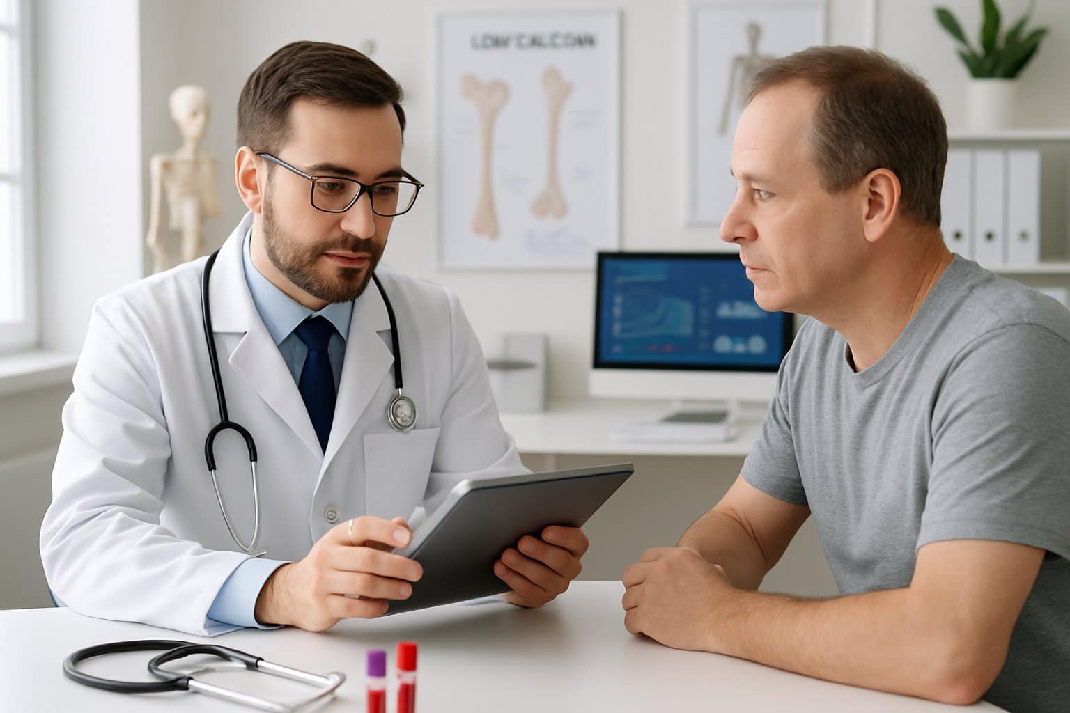 Doctor consulting a patient in a medical office, reviewing test results related to calcium levels.