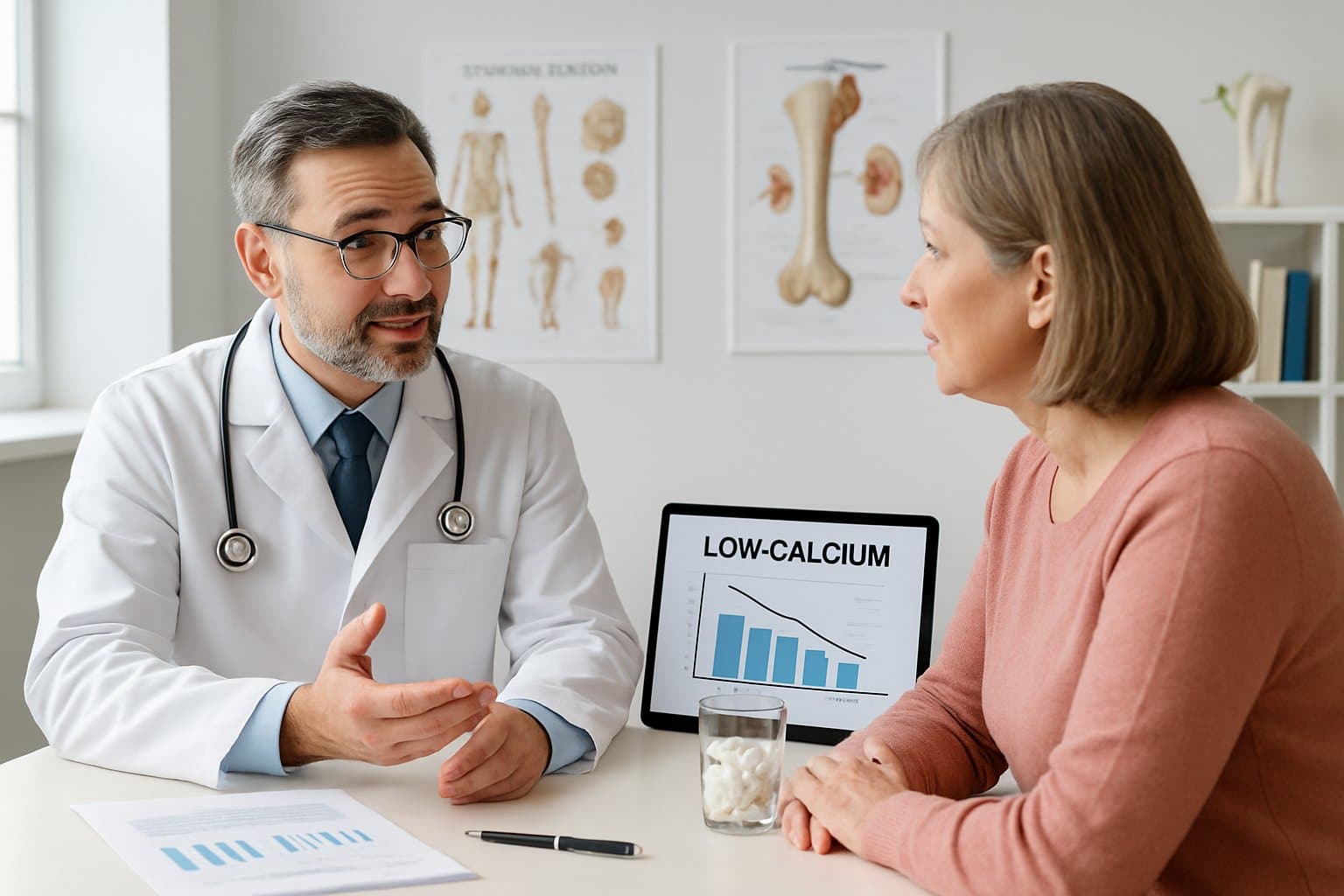 A doctor consulting with a patient in a medical office, discussing calcium levels with charts and supplements on the desk.