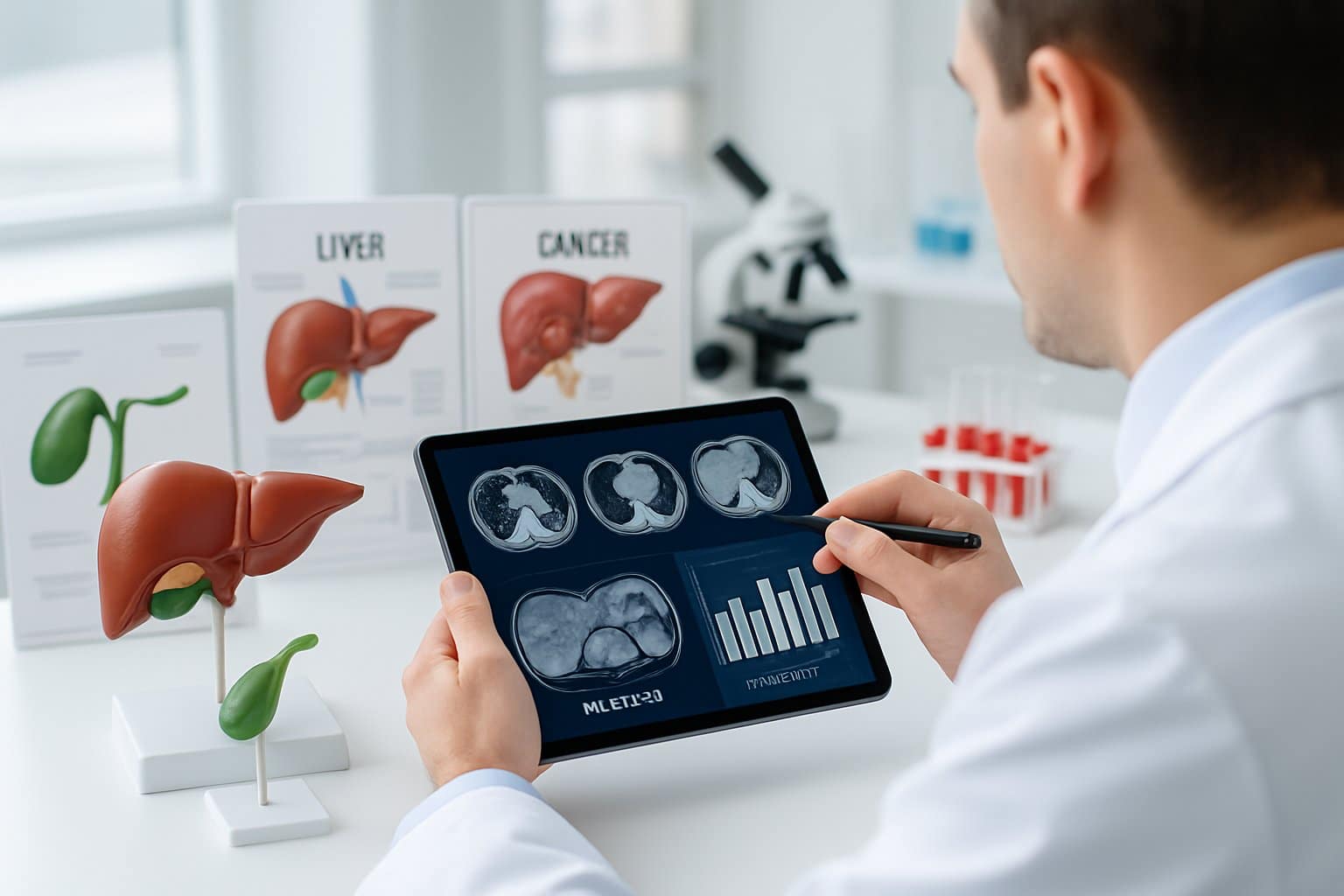 A doctor examining liver scans and blood test results in a clinical setting with anatomical liver models nearby.