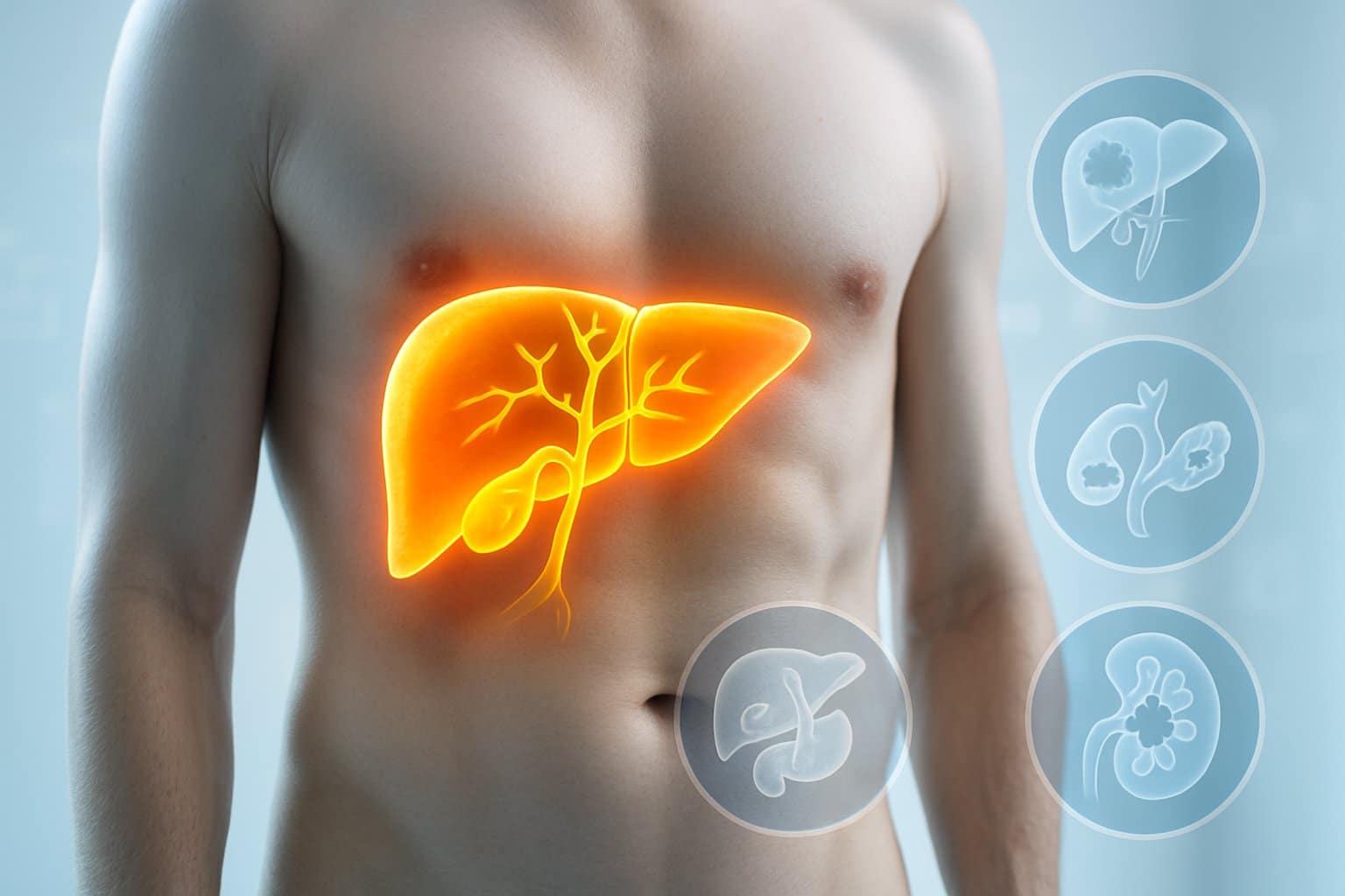 Close-up of a human torso with highlighted liver and bile ducts showing bilirubin accumulation, surrounded by subtle cancer-related medical icons.