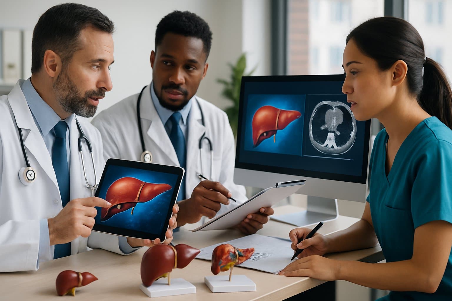 Medical professionals reviewing liver scans and patient charts in a modern clinic.