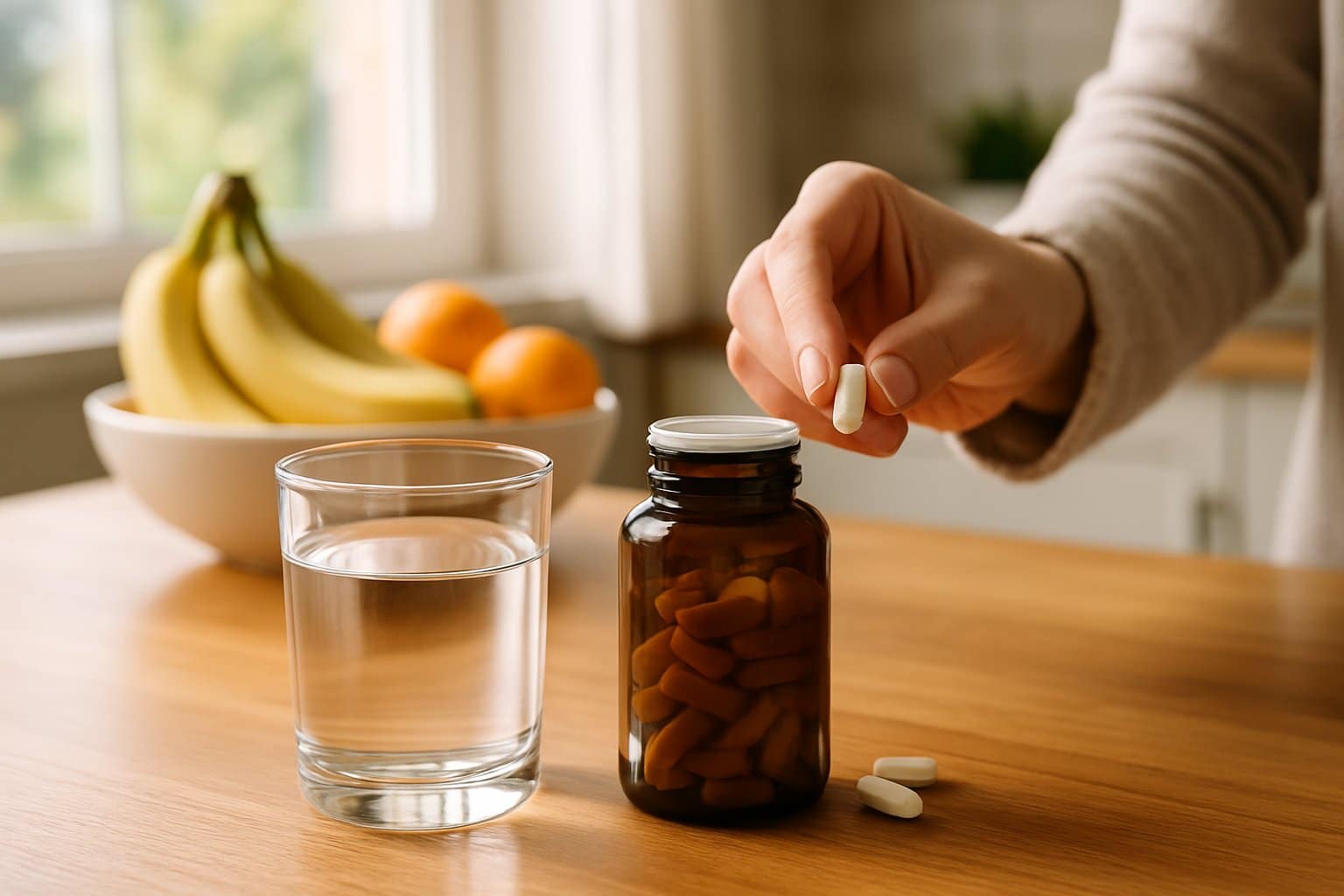 A hand reaching for a potassium supplement bottle and glass of water on a kitchen counter with fruit and morning sunlight in the background.
