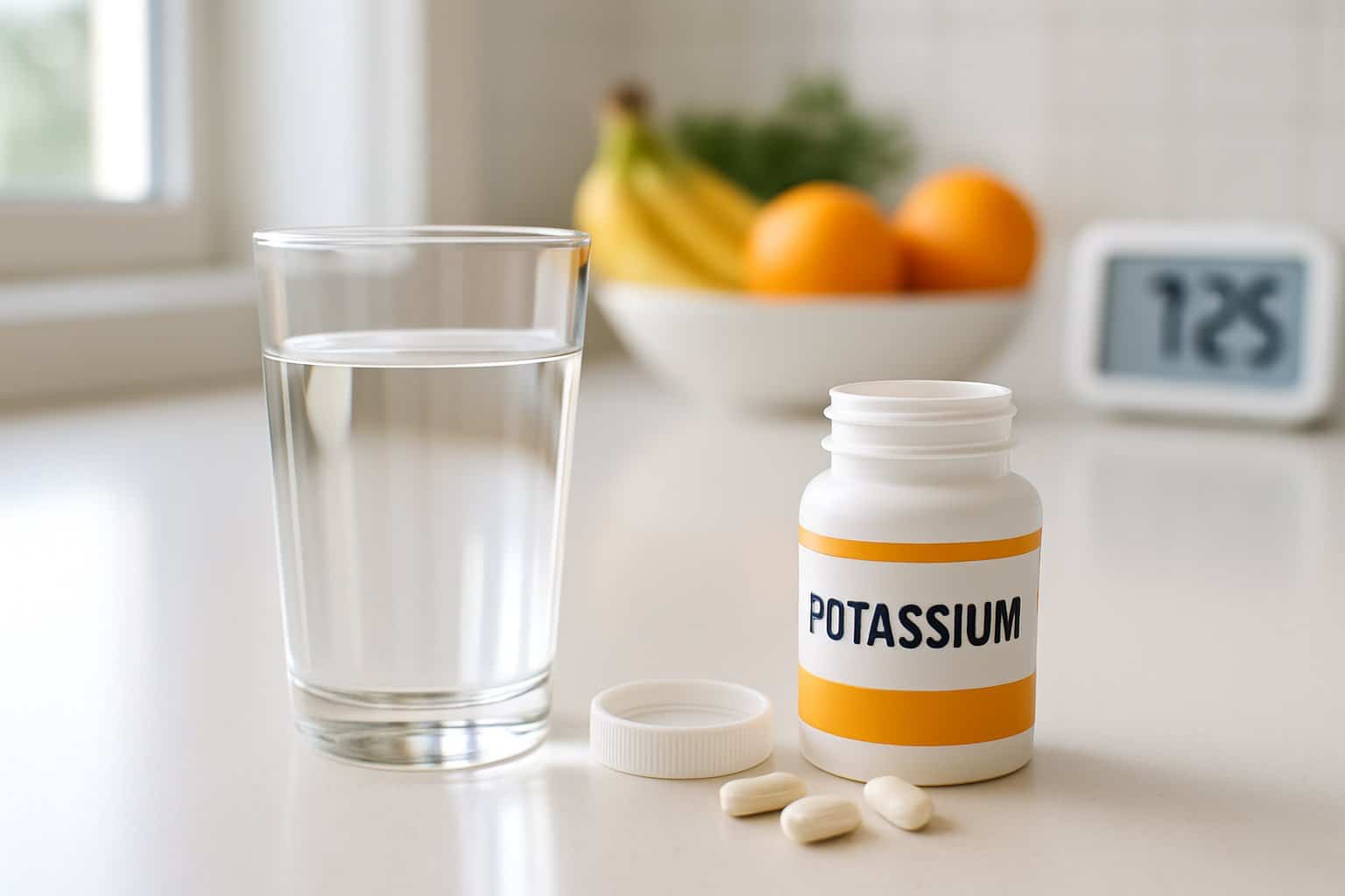A glass of water and an open bottle of potassium tablets on a kitchen countertop with fresh fruits and a clock in the background.