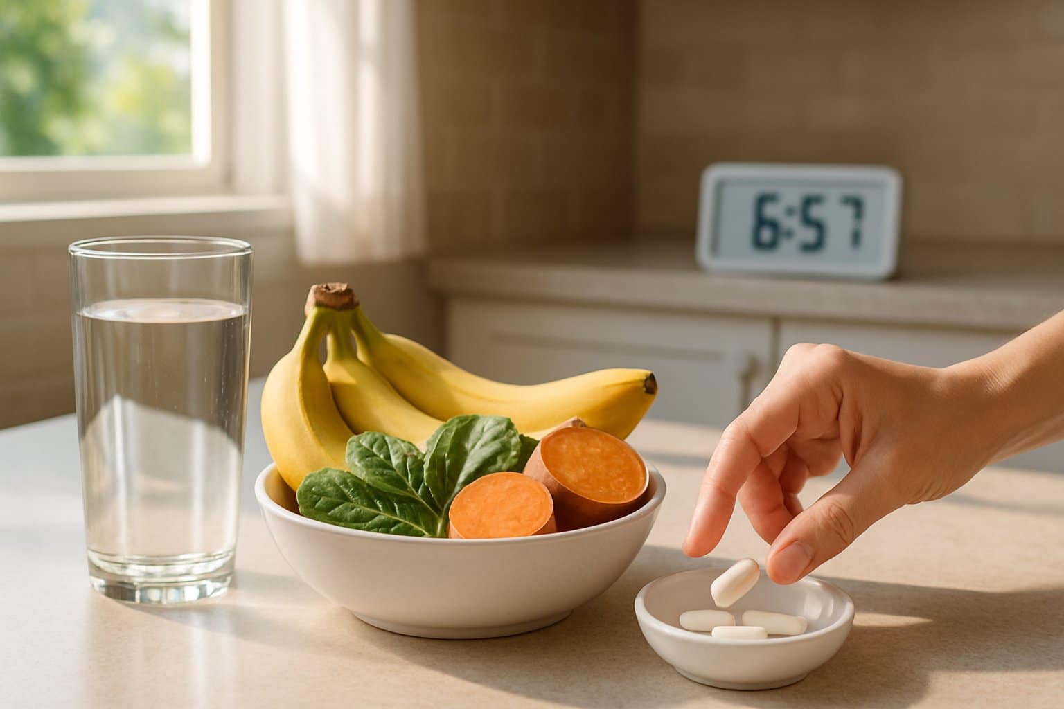 A person’s hand reaching for a potassium supplement pill next to a bowl of potassium-rich foods and a glass of water on a kitchen countertop with morning sunlight.