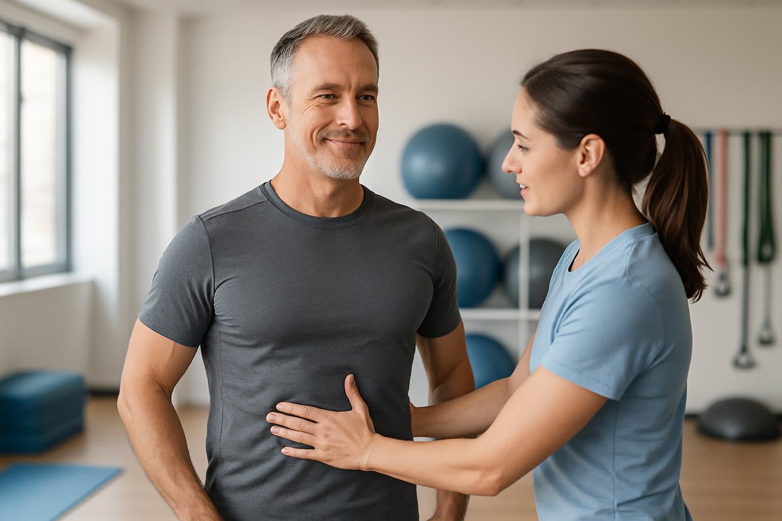 A man receiving guidance from a female fitness coach in a gym, focusing on abdominal exercises.