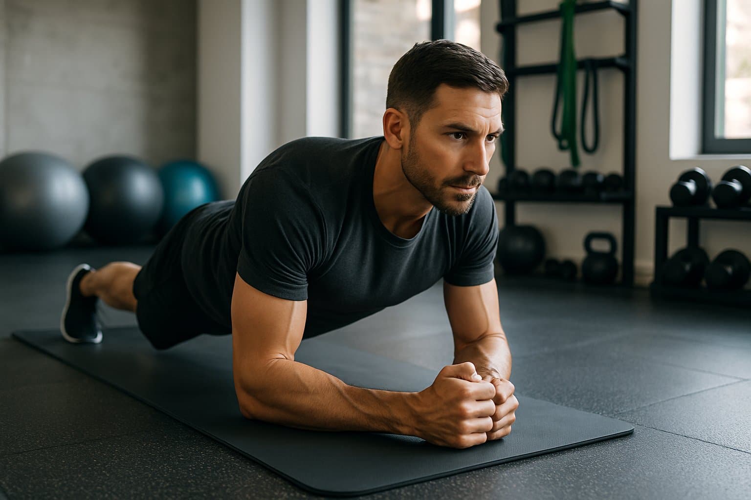 A fit man exercising on a yoga mat in a gym, performing core strengthening exercises.