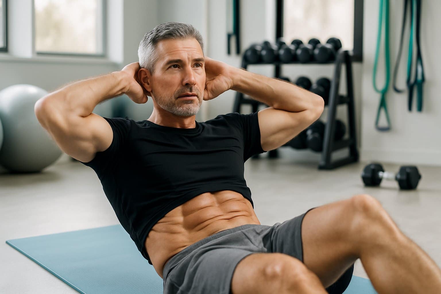 A middle-aged man exercising his core muscles in a gym surrounded by fitness equipment.