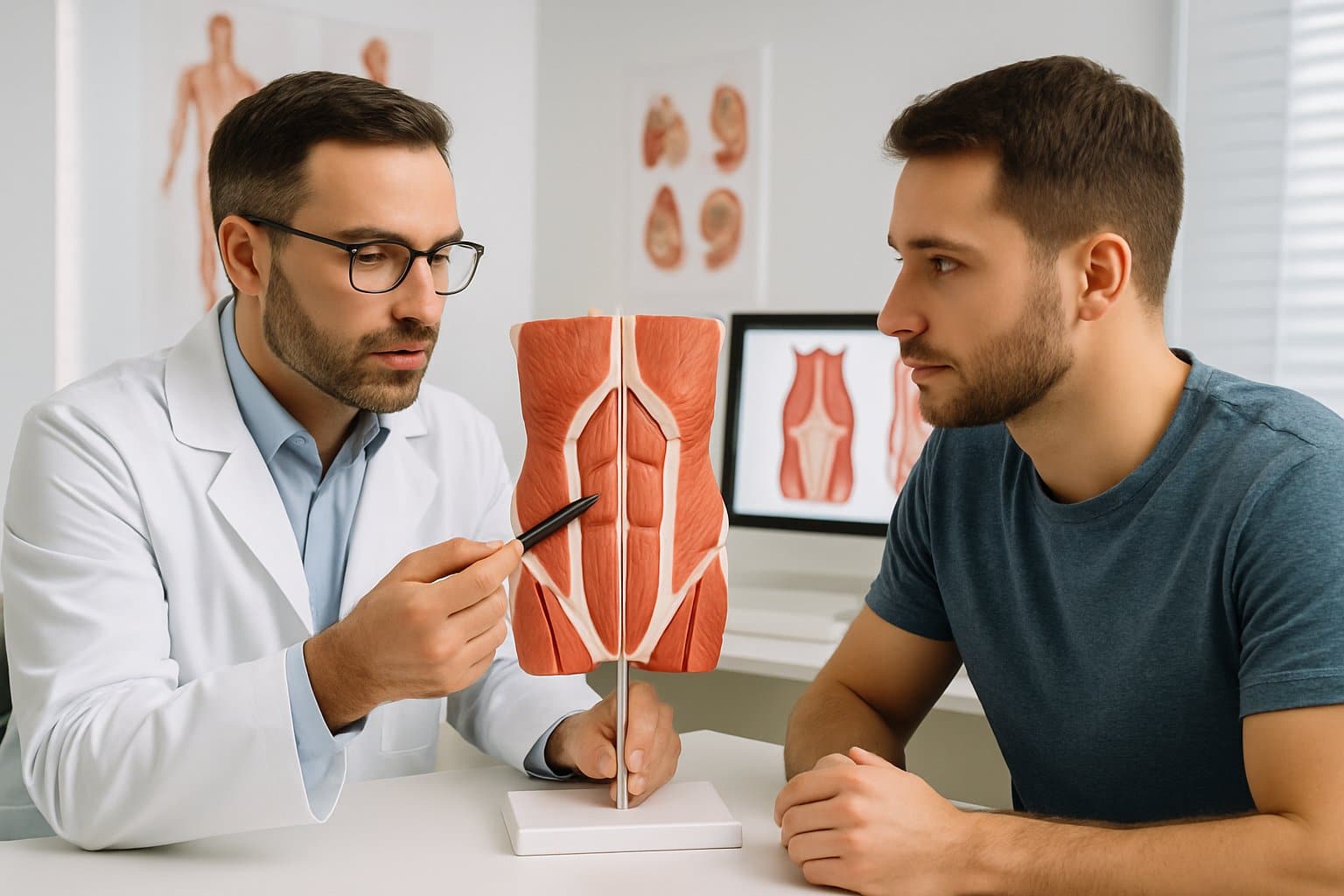 A male doctor explains abdominal muscle anatomy to a male patient using a model in a medical office.