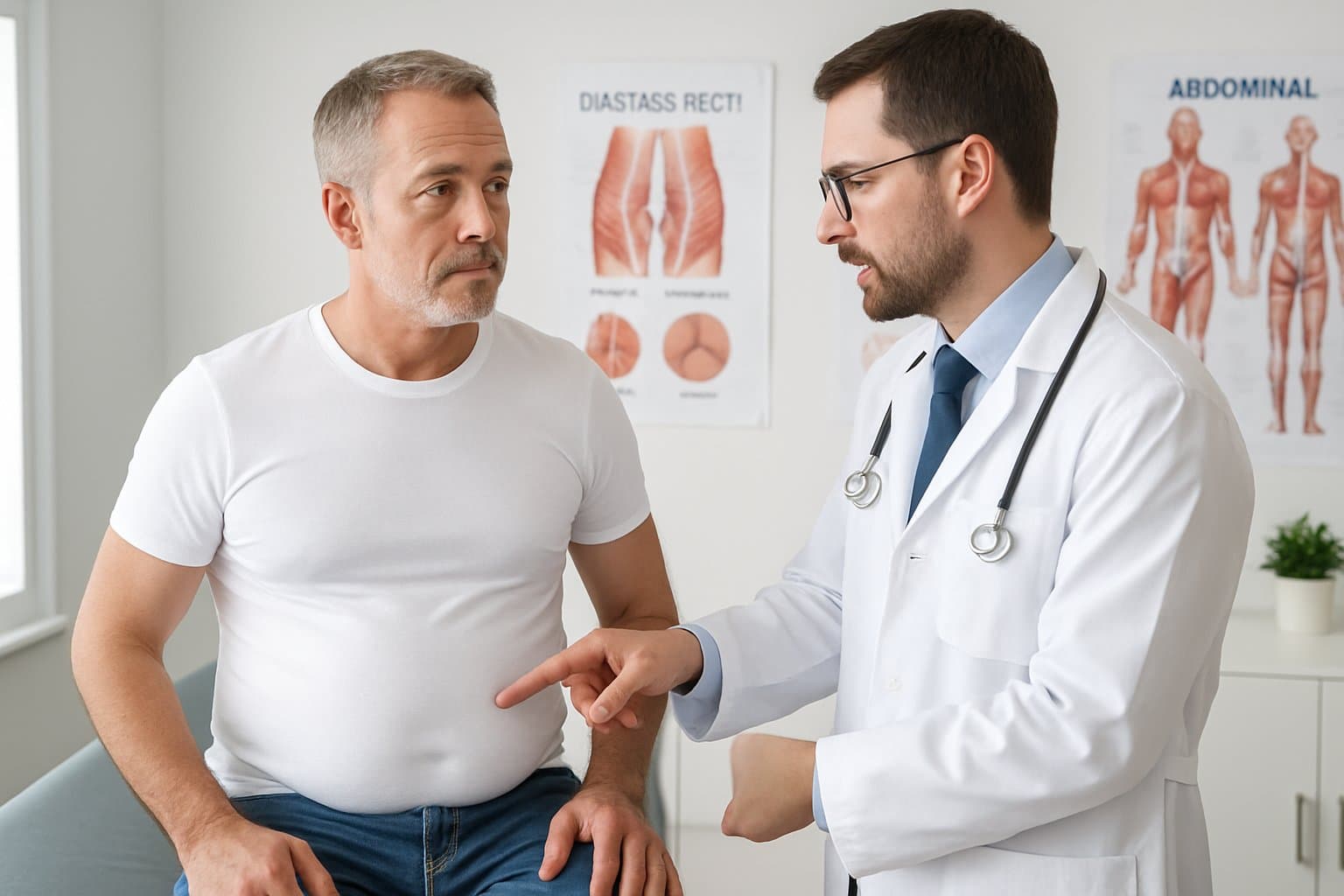 A middle-aged man in a white t-shirt sits on an examination table while a doctor points to his abdomen during a medical consultation.