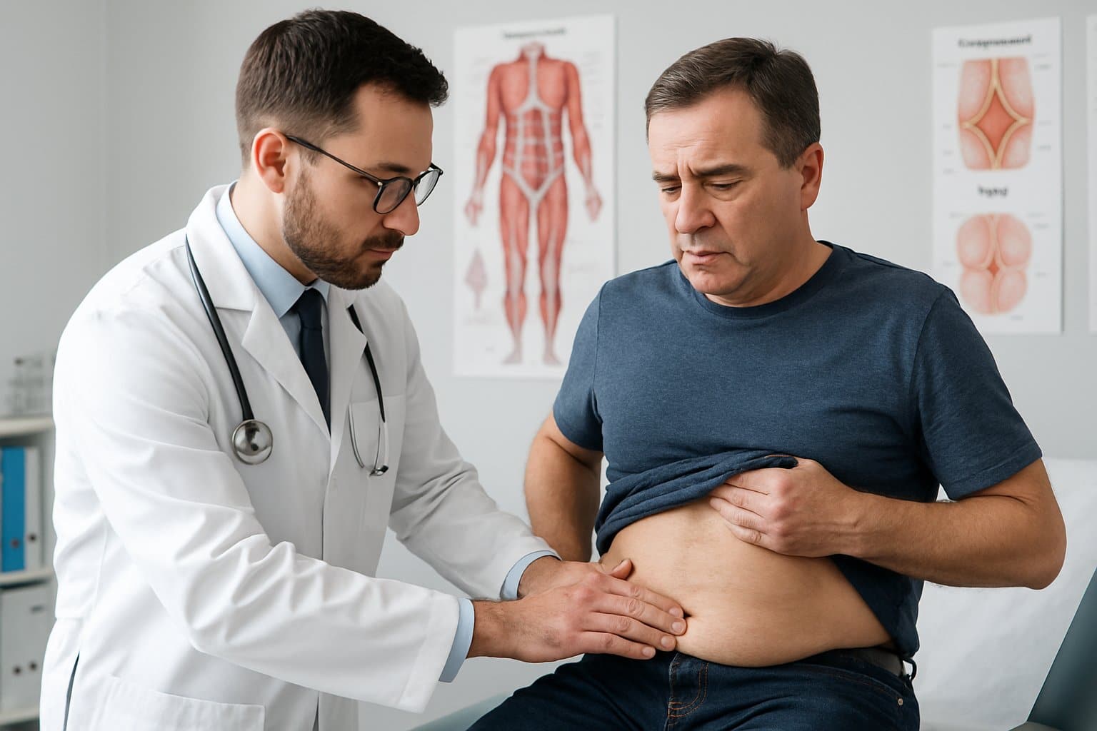 Male doctor examining the abdomen of a middle-aged male patient in a medical office.