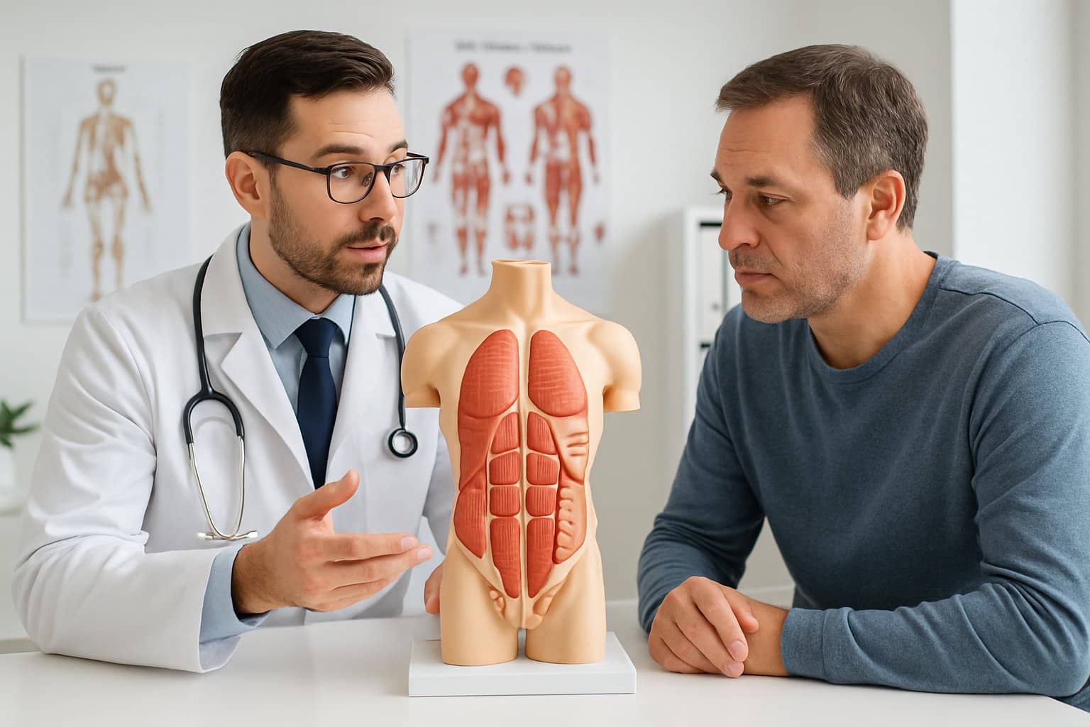 A male doctor explaining abdominal anatomy to a middle-aged male patient using a torso model in a medical office.