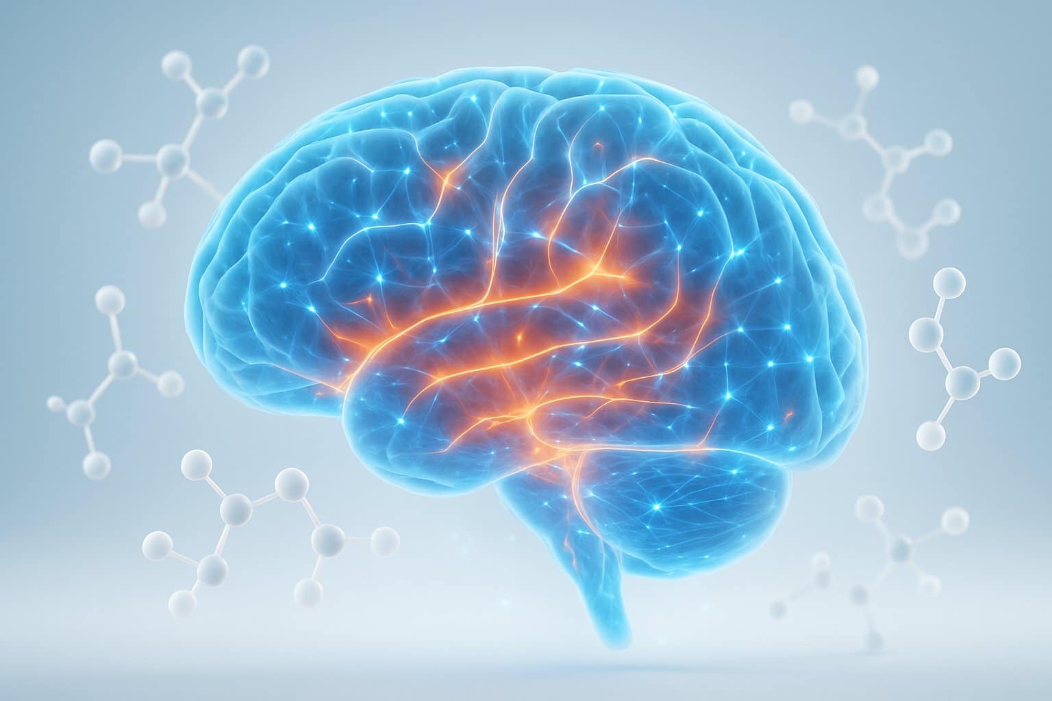 A glowing human brain with illuminated neural connections and molecular structures around it, symbolizing brain activity and enhancement.