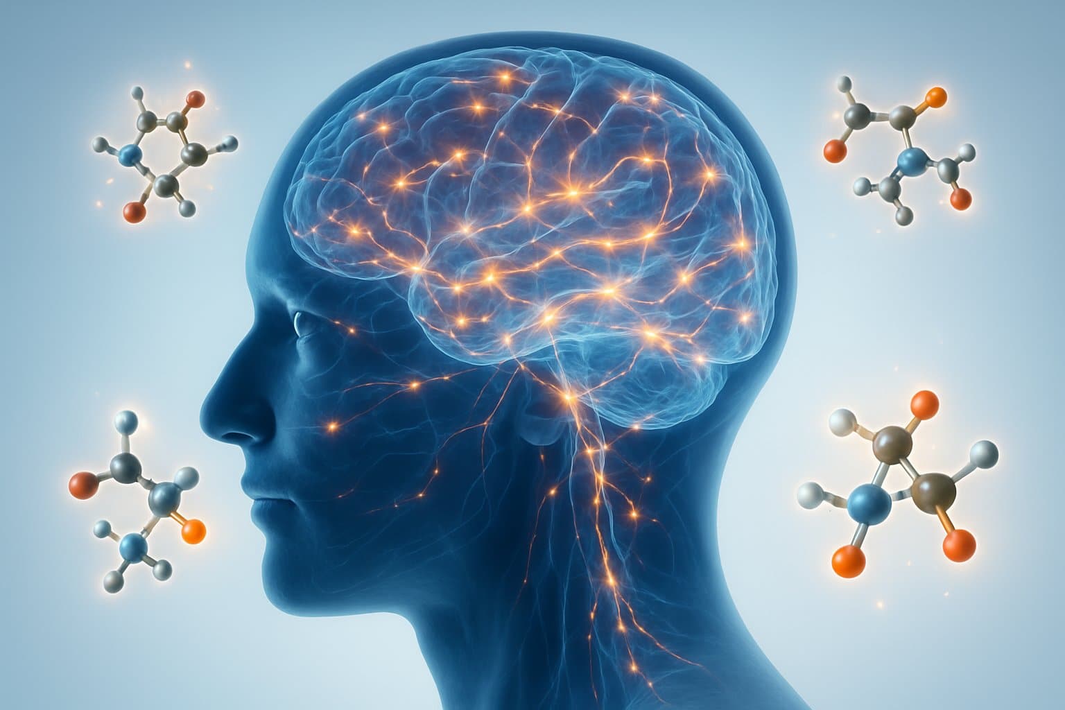 Side view of a human head showing a glowing brain with highlighted neural connections and creatine molecules around it.