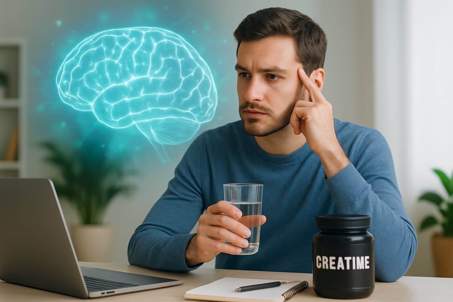 A young man sitting at a desk holding a glass of water and a creatine supplement, with a glowing neural brain illustration in the background symbolizing brain health under stress.