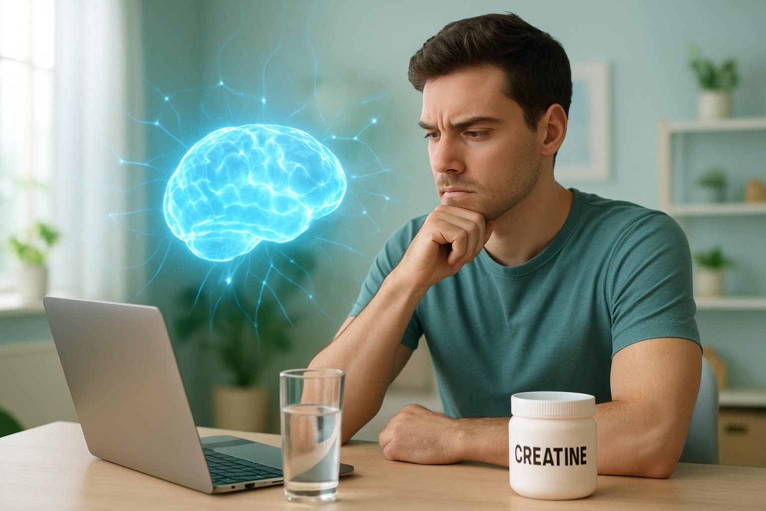 A young adult sitting at a desk with a laptop and creatine powder, with a glowing holographic brain model floating above the desk.