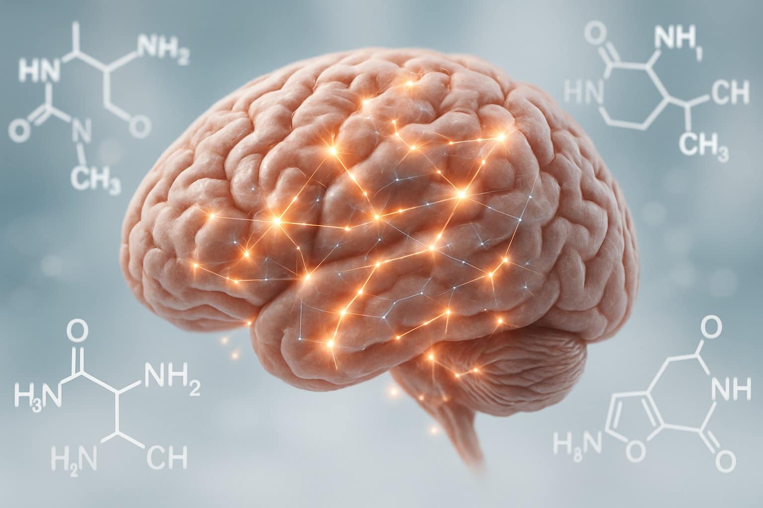 A detailed human brain with glowing neural connections and molecular structures around it, illustrating brain activity and interaction with molecules.