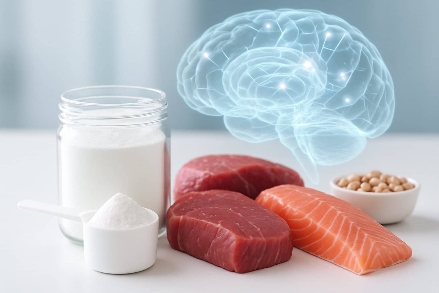 A glass container of white creatine powder on a white surface surrounded by raw meat, fish, and legumes, with a glowing 3D illustration of a human brain in the background.