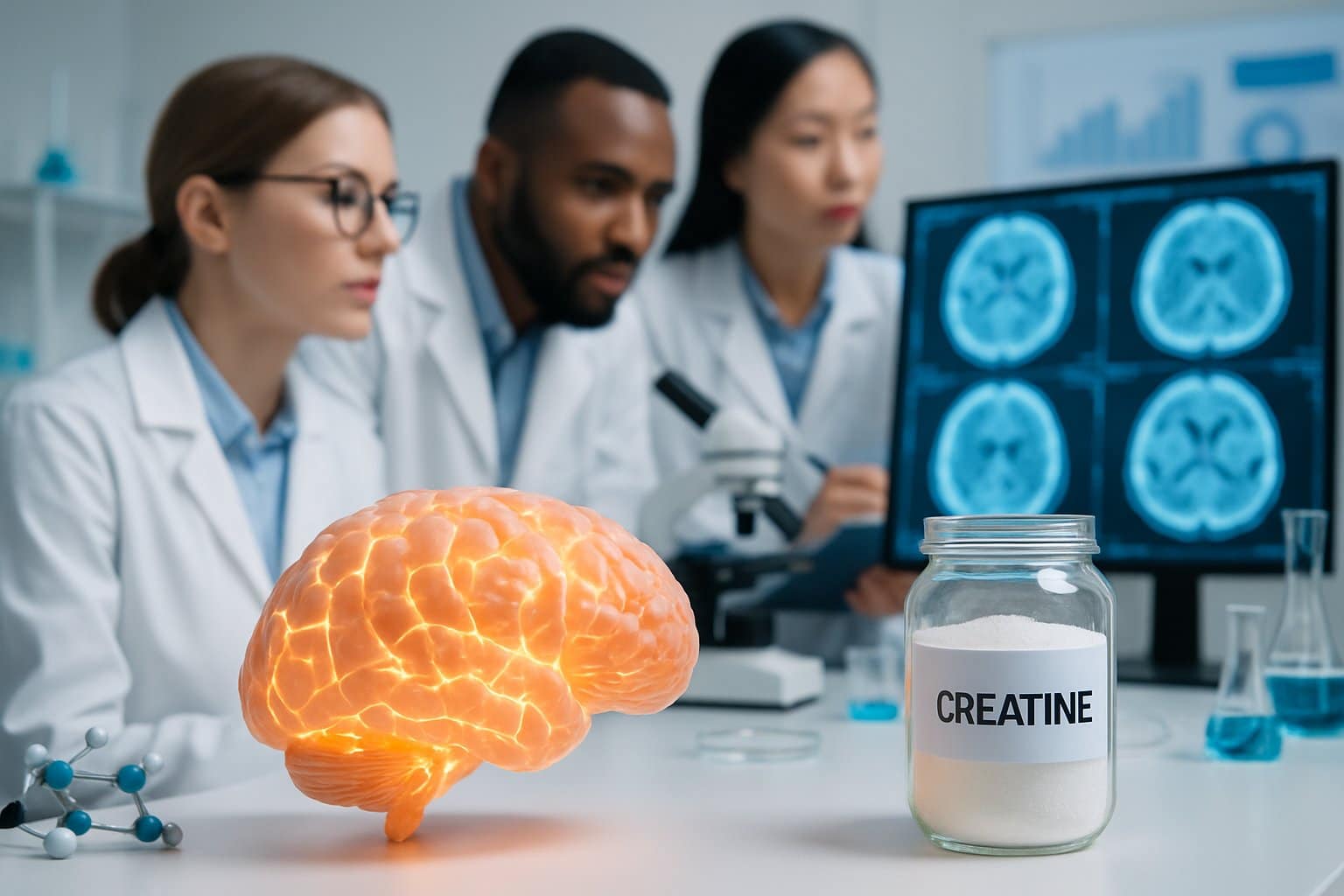 Scientists in a laboratory examining brain scans with a glowing 3D brain model and creatine supplement on the table.