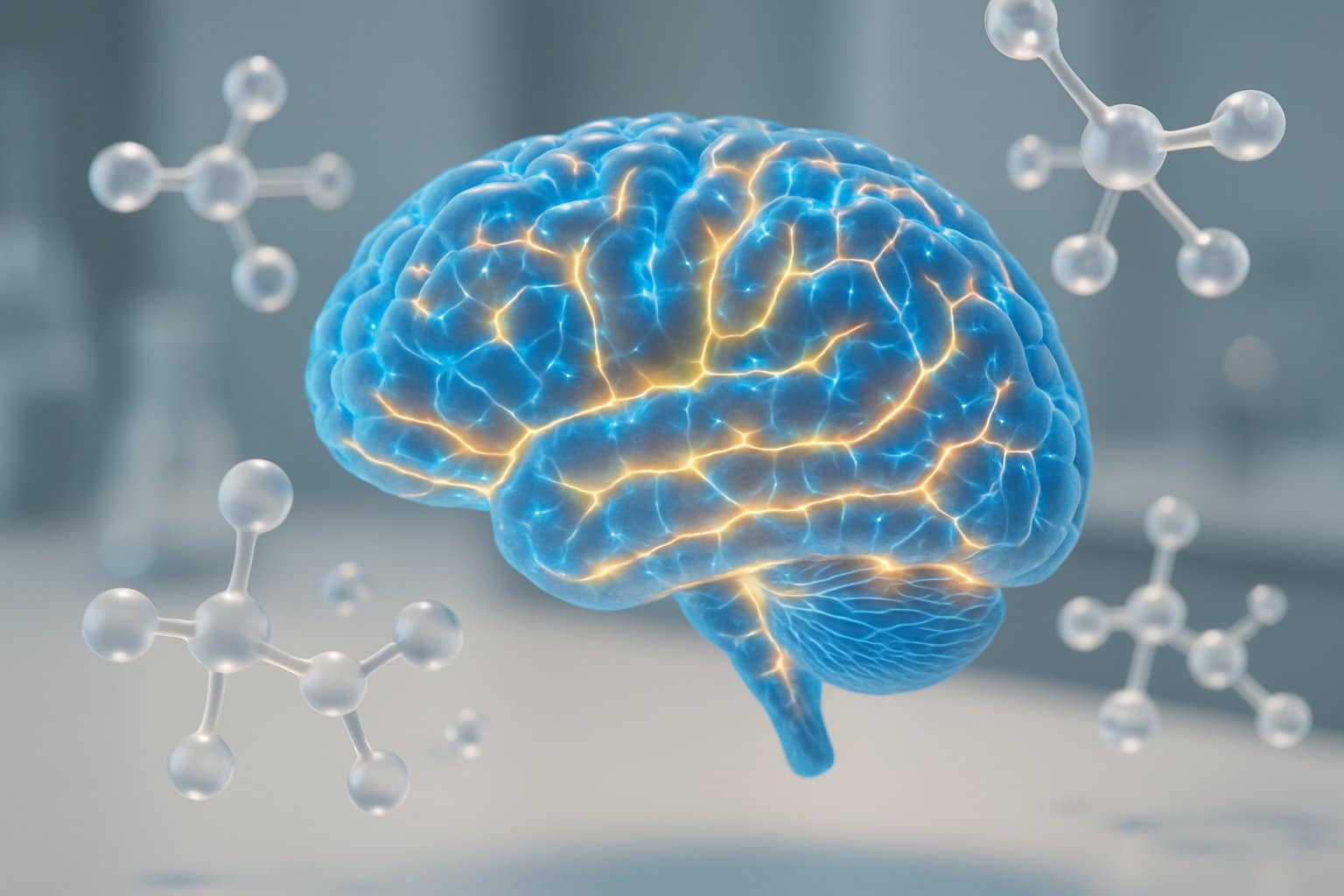 Close-up of a glowing human brain model with neural connections and floating molecular structures in a scientific laboratory setting.