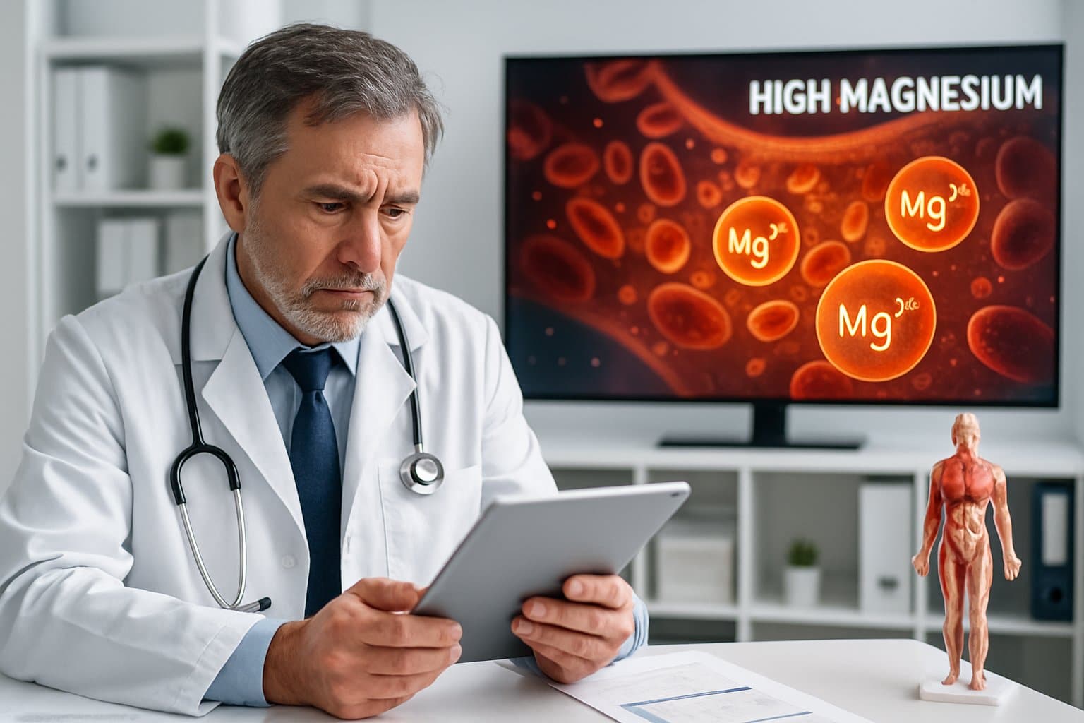 A doctor reviewing blood test results on a tablet in a medical office with a 3D graphic of bloodstream showing elevated magnesium ions on a screen behind him.