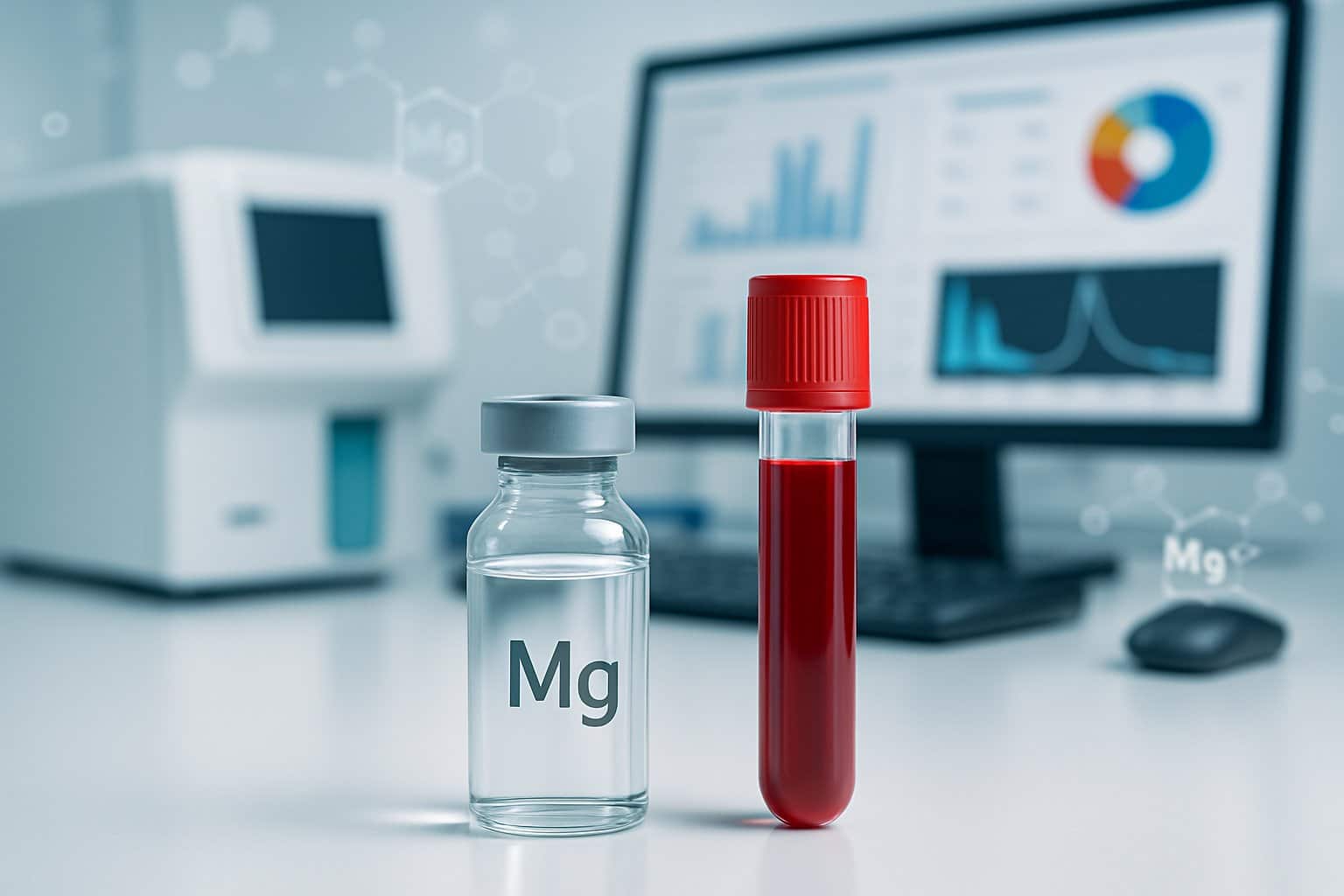 Close-up of a medical laboratory setup showing a blood sample tube and a vial with a magnesium symbol next to scientific equipment and digital blood test results.
