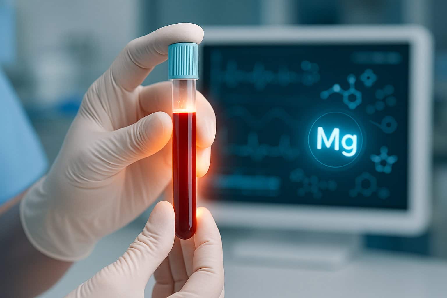 Close-up of a healthcare professional holding a vial of blood in a clinical laboratory with medical monitors in the background.