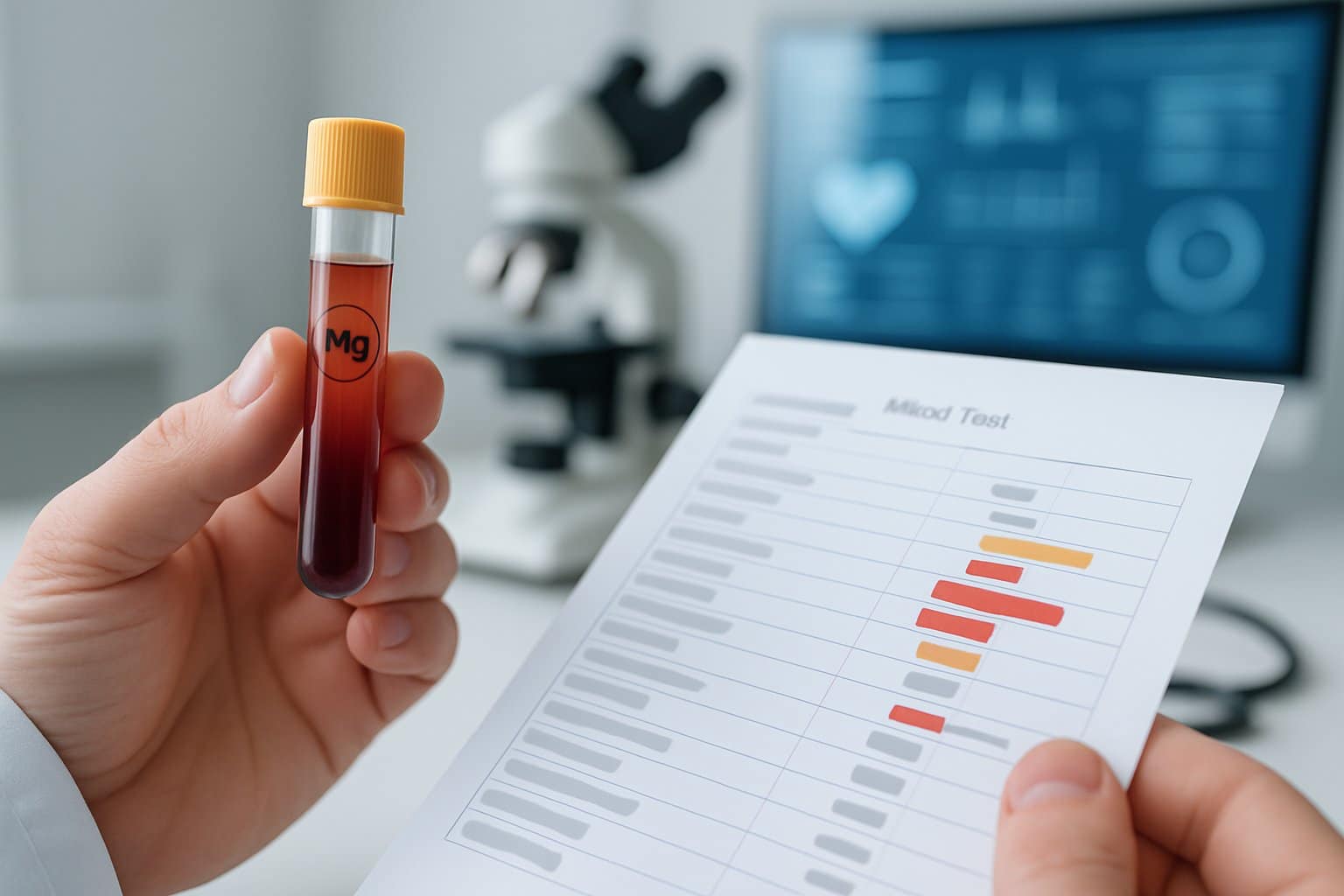 A doctor holding a vial near a blood test report with highlighted indicators, set in a medical environment with a stethoscope and computer in the background.