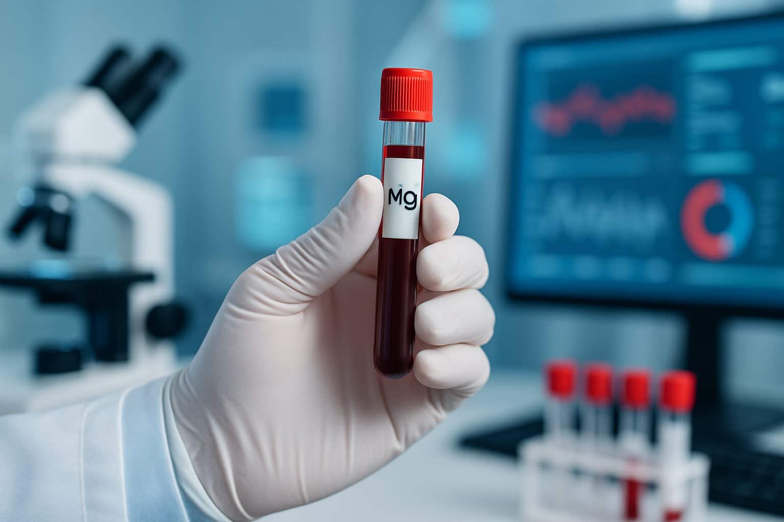 A healthcare professional holding a blood sample vial in a medical laboratory with equipment in the background.