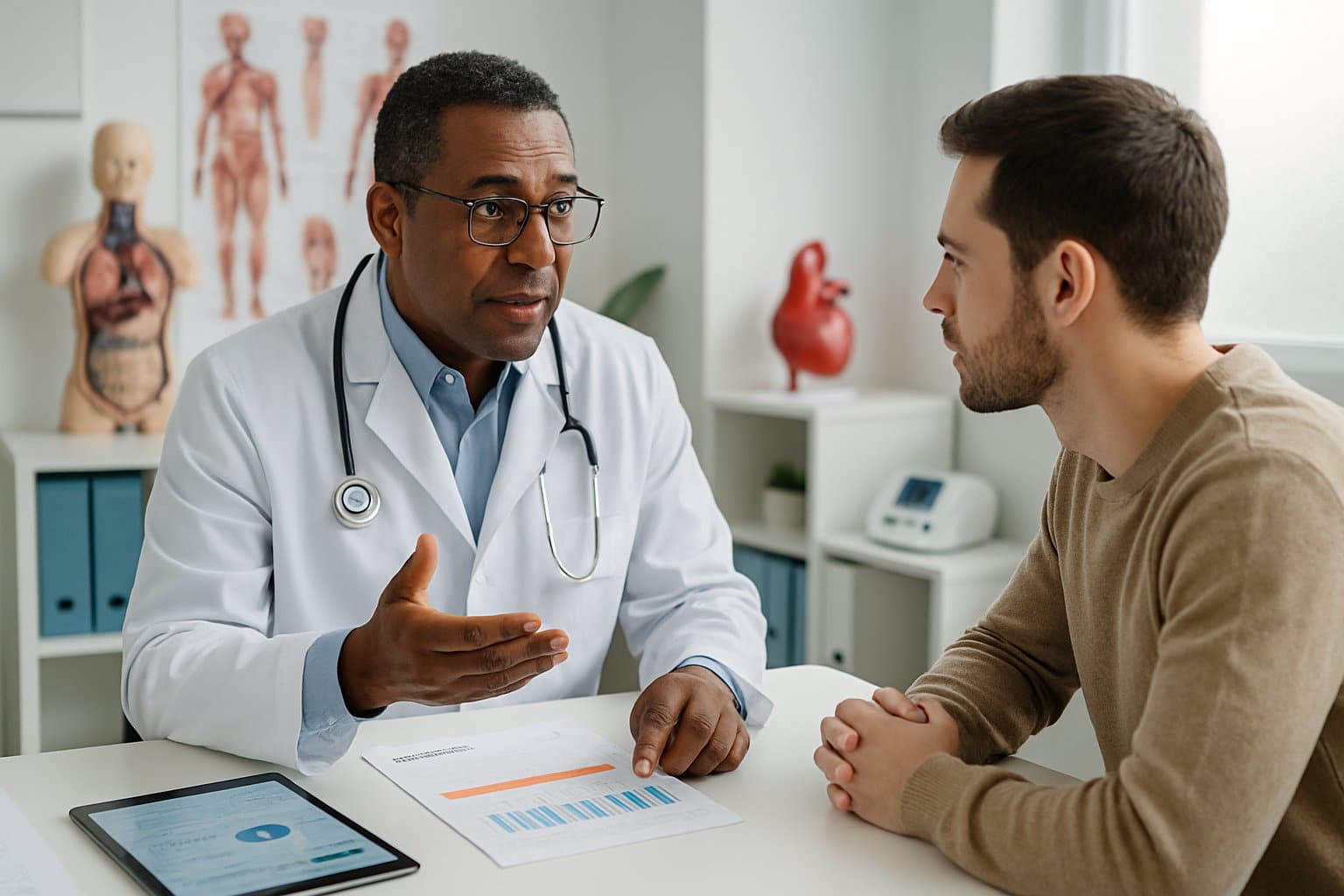 A doctor discussing blood health and treatment options with a patient in a modern clinic.