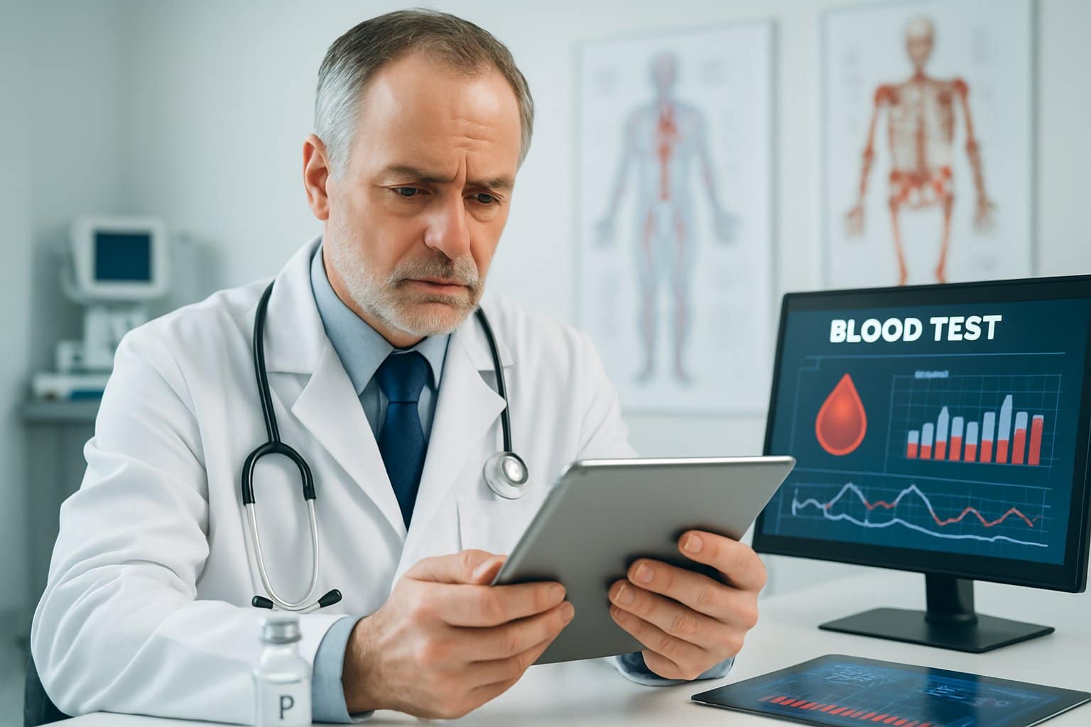 A doctor reviewing blood test results in a medical office with medical equipment and anatomical charts in the background.