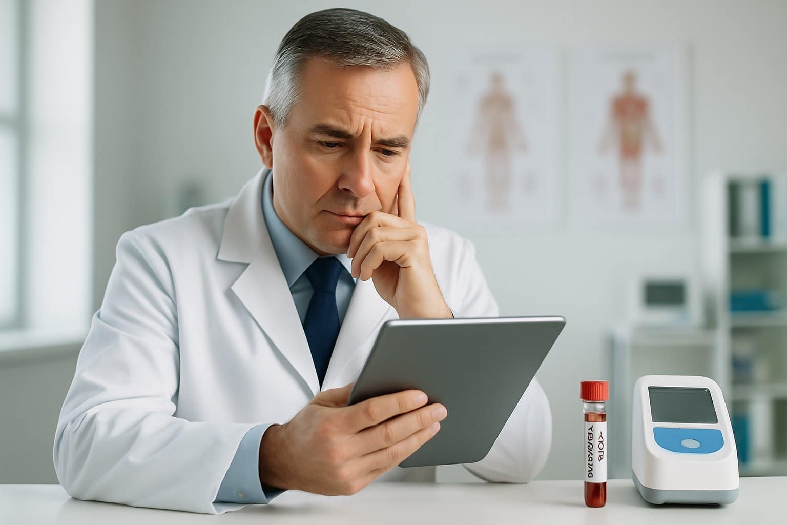 A doctor in a white coat reviewing blood test results on a tablet in a medical office.