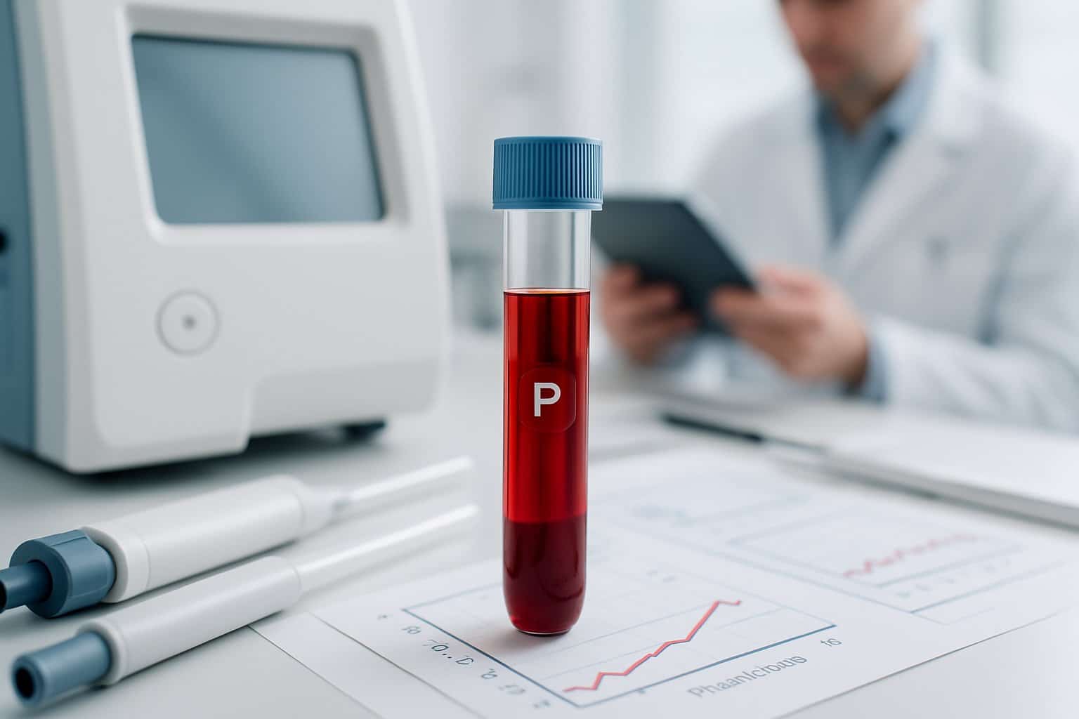 Close-up of a blood test tube and medical instruments in a laboratory with a healthcare professional analyzing data in the background.