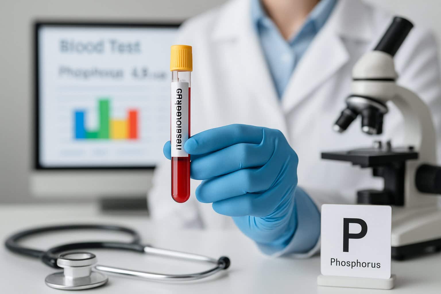 Healthcare professional holding a vial of blood with medical instruments and a blood test report in the background.