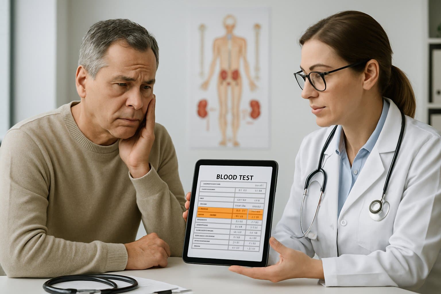 A doctor and patient discussing blood test results in a medical office with a human anatomy poster in the background.