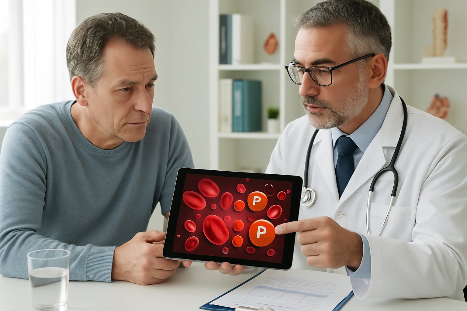 A doctor and patient discussing blood health with a digital tablet showing blood cells and phosphorus molecules in a medical office.