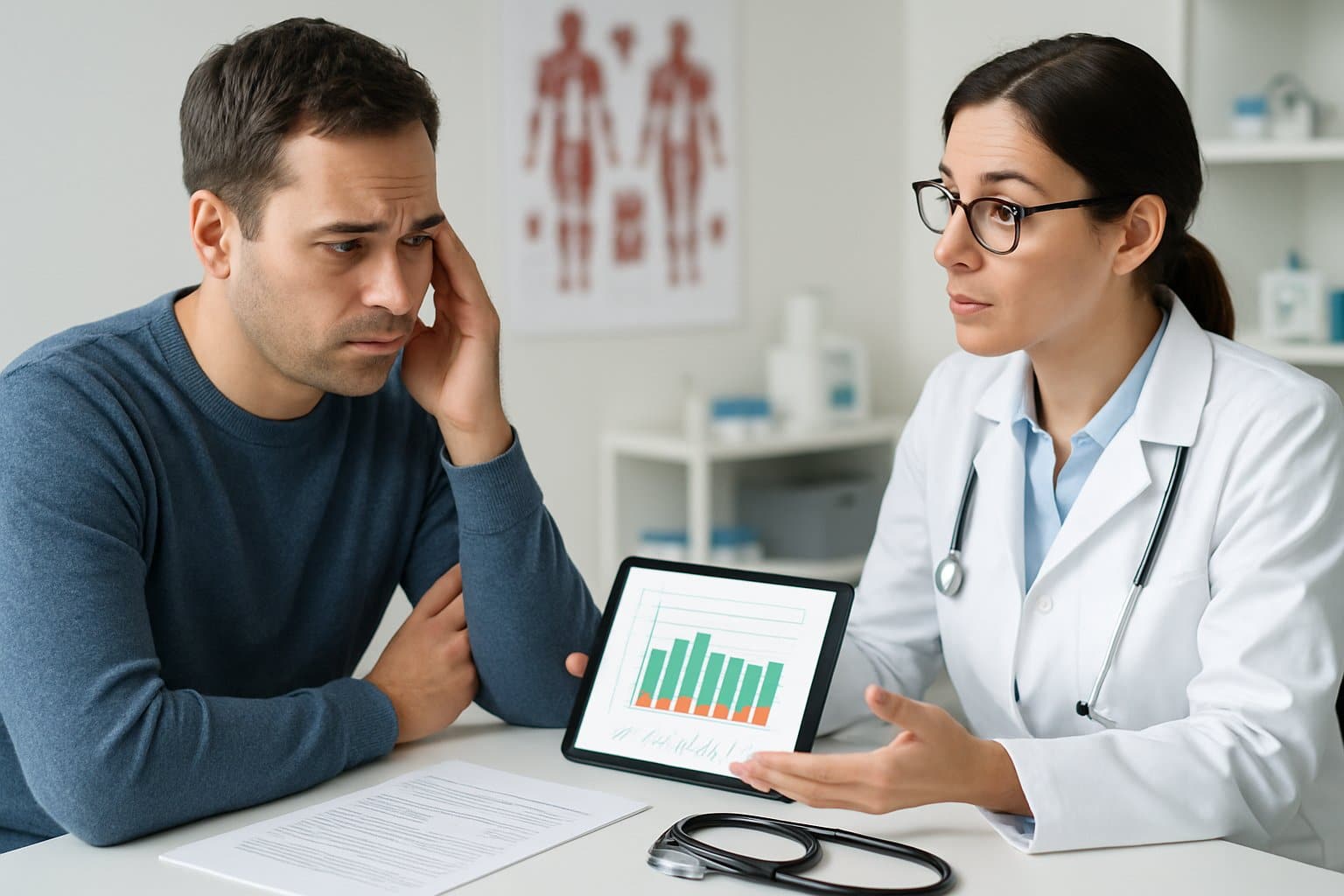 A doctor discussing blood test results with a concerned patient in a medical office.
