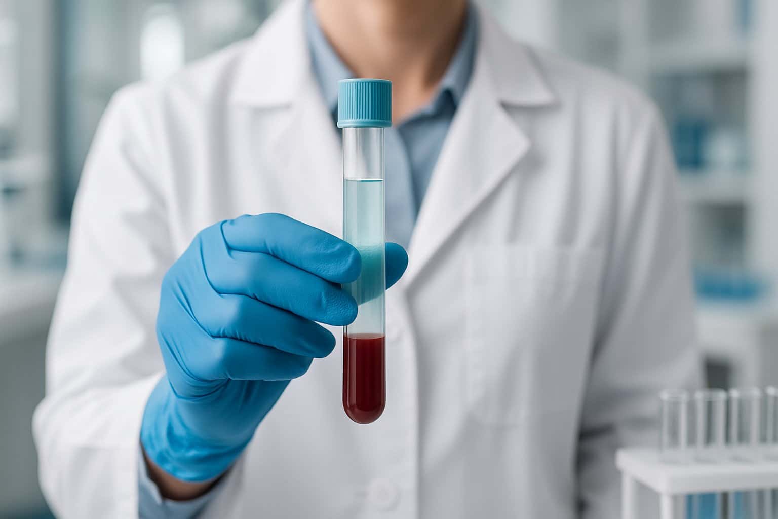 Close-up of a medical professional holding a vial of blood in a laboratory setting.