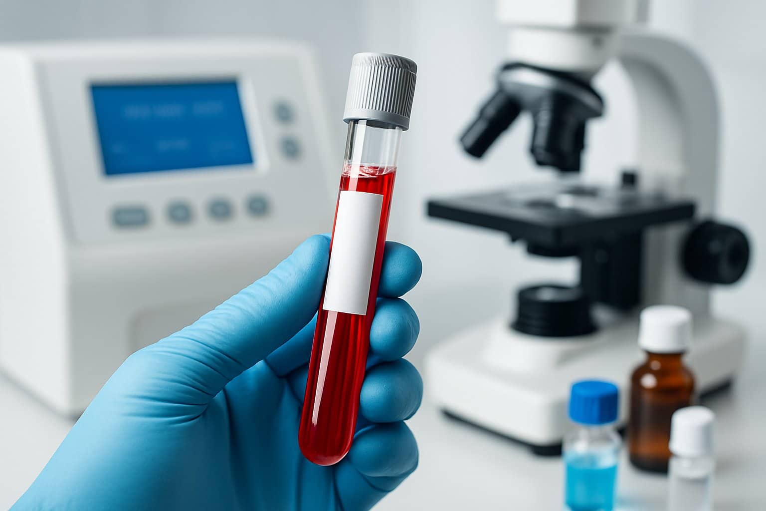 Close-up of a gloved hand holding a test tube of blood in a medical laboratory with scientific instruments in the background.